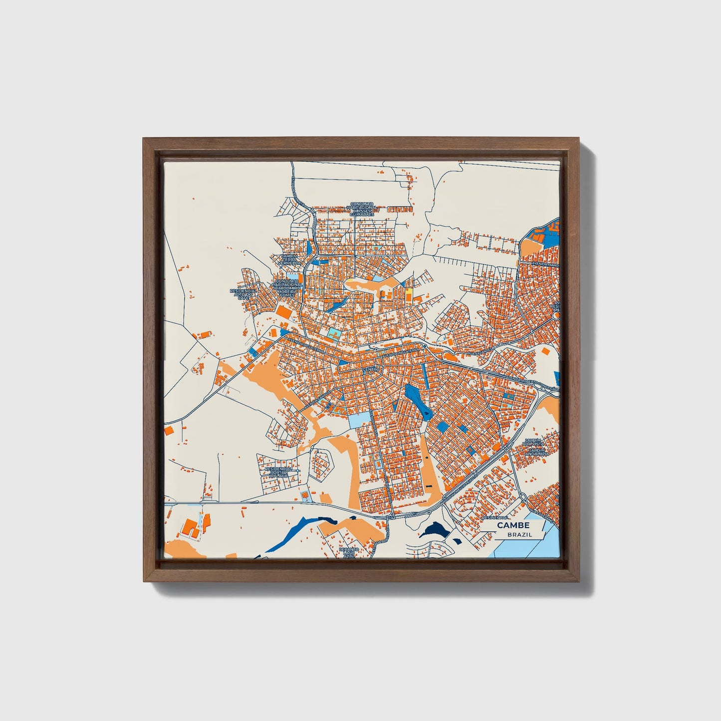 Cambe Brazil Colorful City Map Canvas Print • Dark Wooden Framed