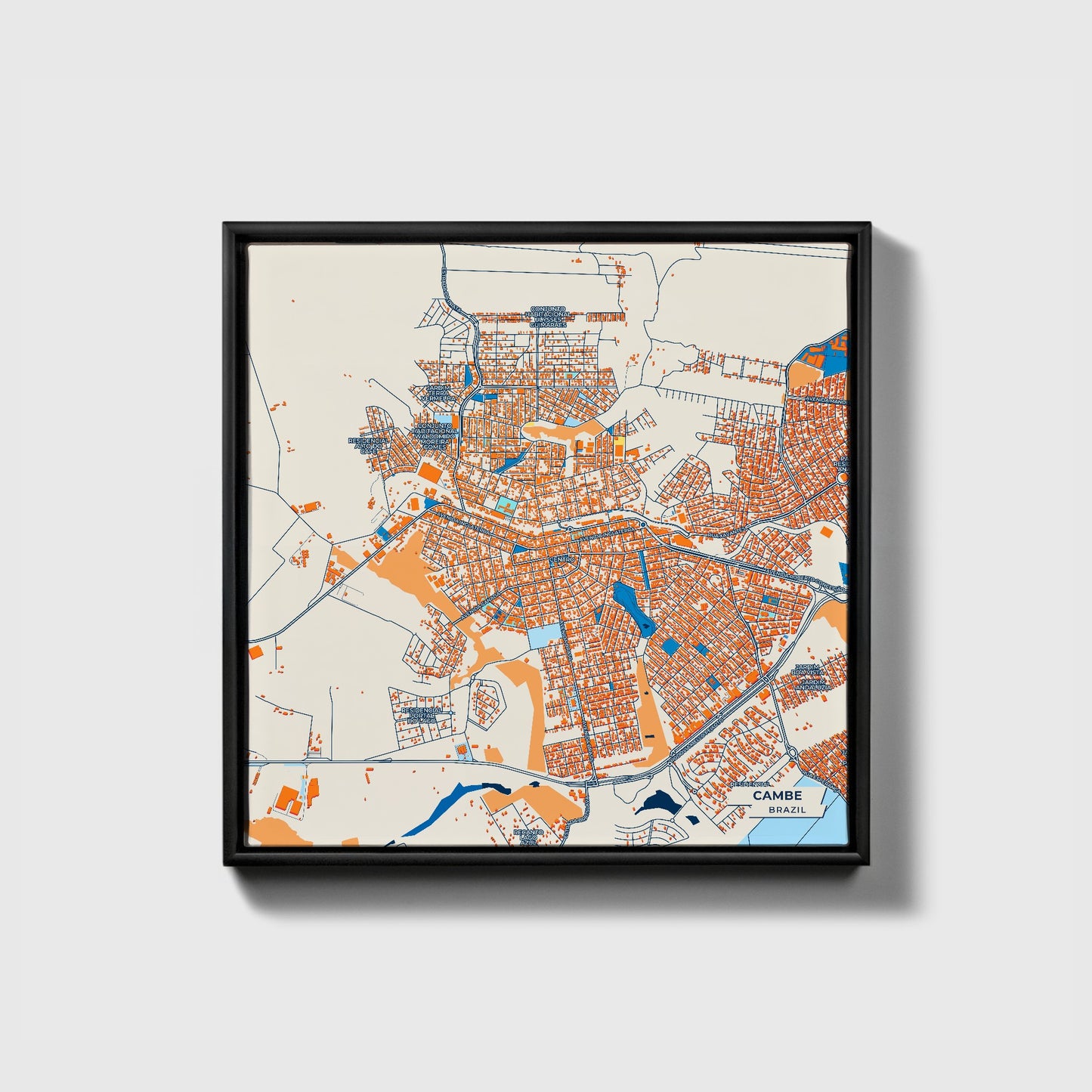 Cambe Brazil Colorful City Map Canvas Print • Black Framed