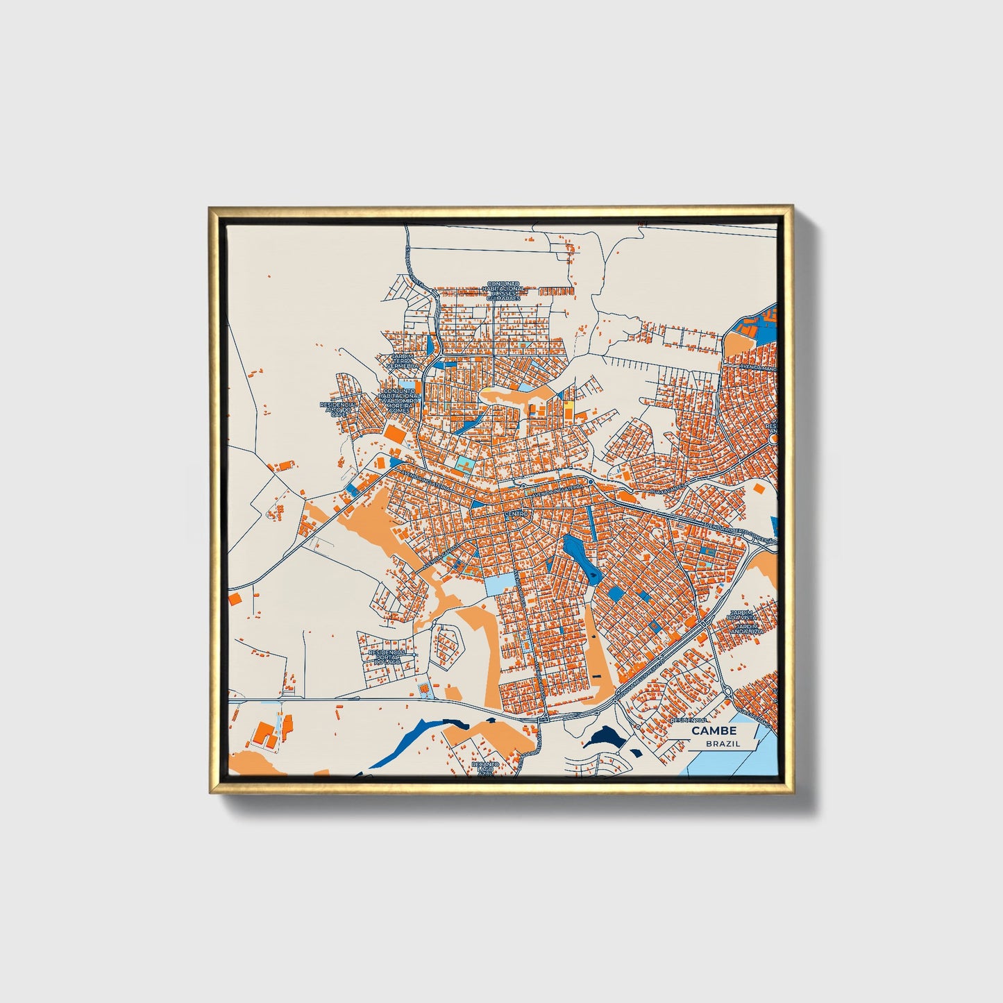 Cambe Brazil Colorful City Map Canvas Print • Gold Framed