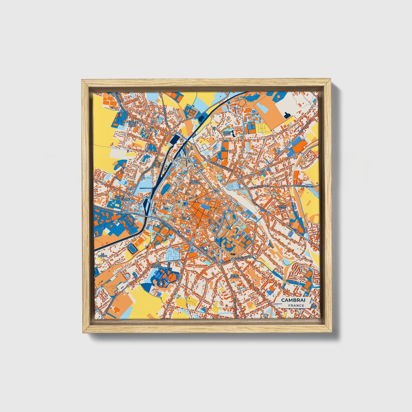 Cambrai France Colorful City Map Canvas Print • Natural Wooden Framed
