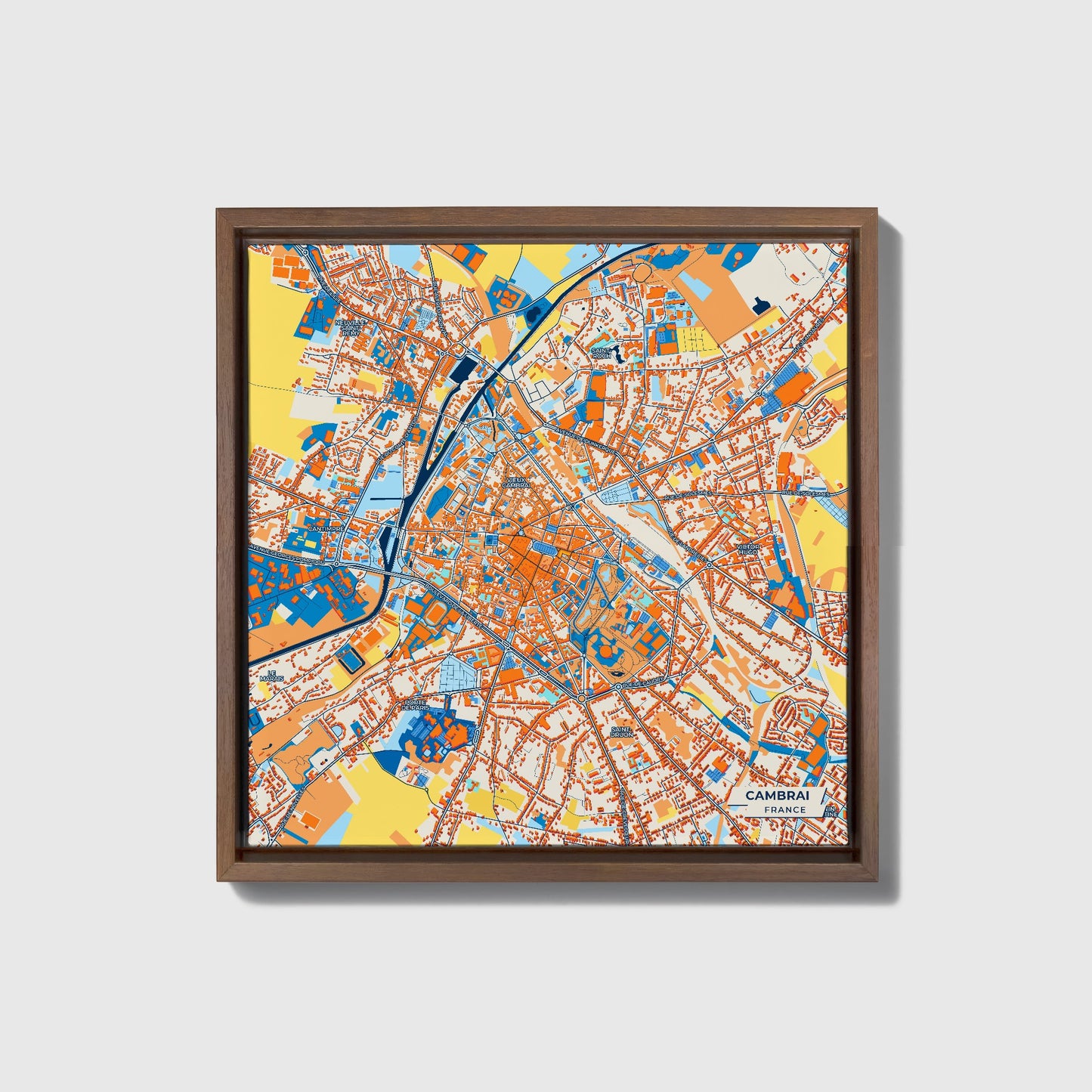 Cambrai France Colorful City Map Canvas Print • Dark Wooden Framed