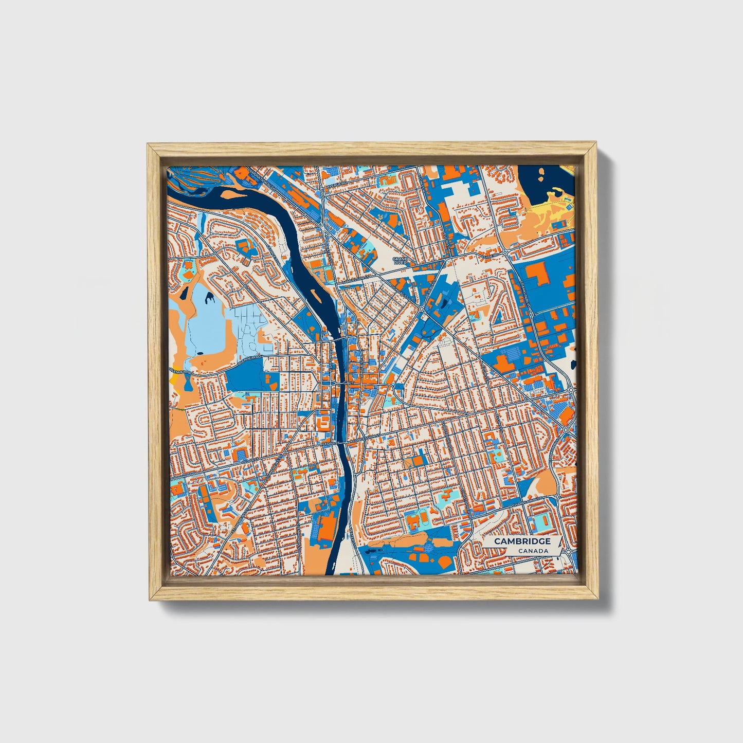 Cambridge Canada Colorful City Map Canvas Print • Natural Wooden Framed