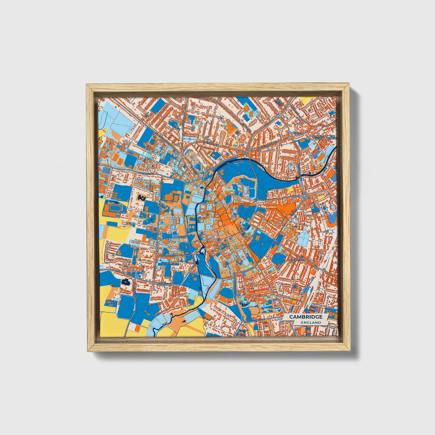 Cambridge England Colorful City Map Canvas Print • Natural Wooden Framed