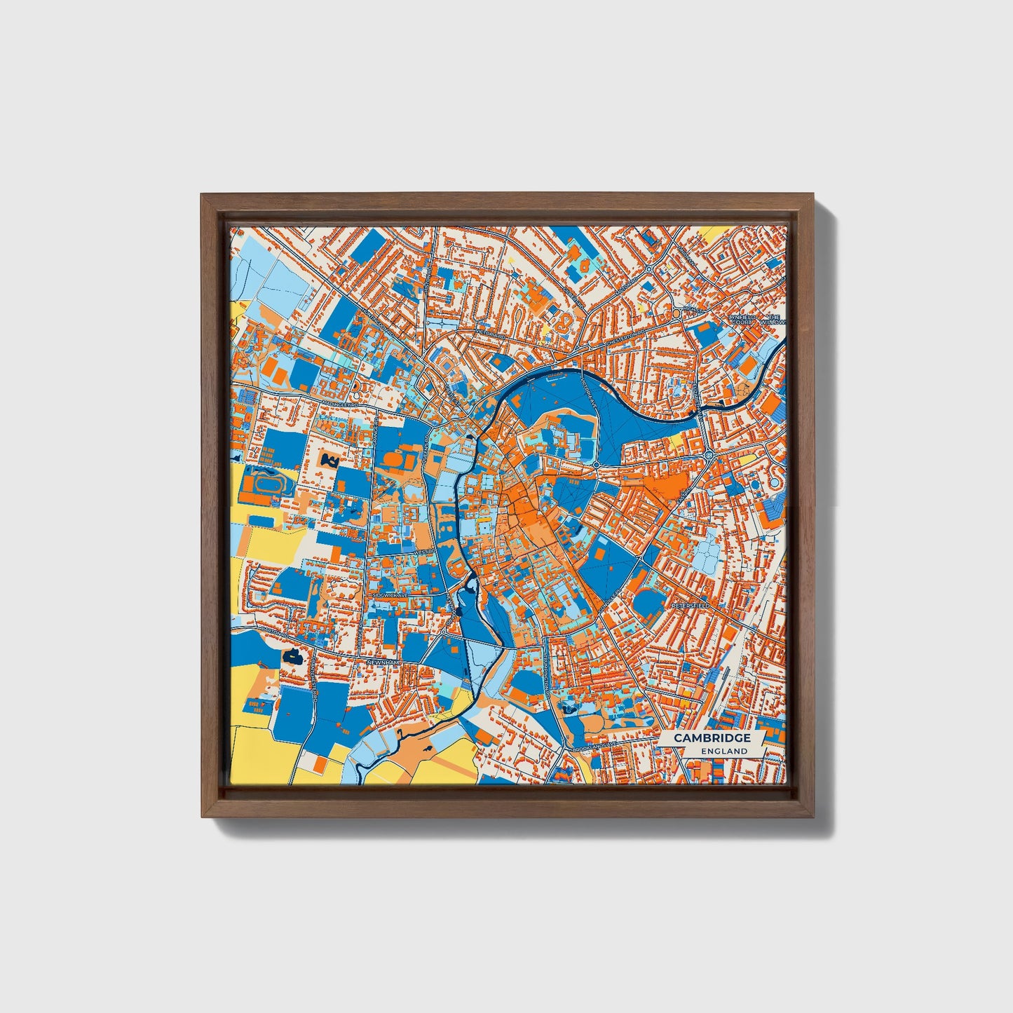 Cambridge England Colorful City Map Canvas Print • Dark Wooden Framed