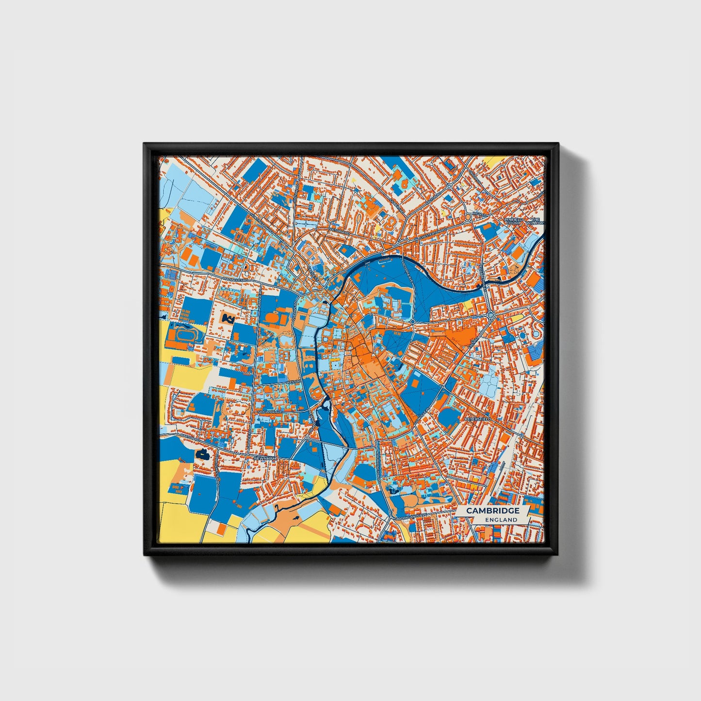 Cambridge England Colorful City Map Canvas Print • Black Framed