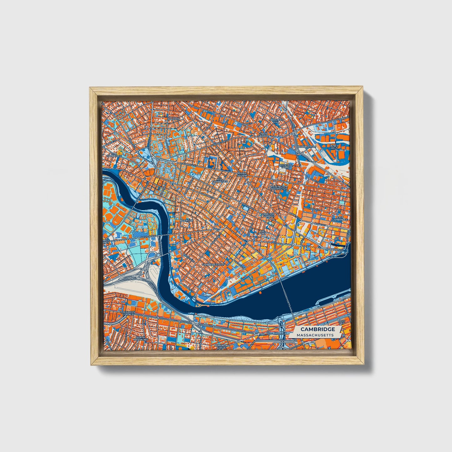 Cambridge Massachusetts Colorful City Map Canvas Print • Natural Wooden Framed