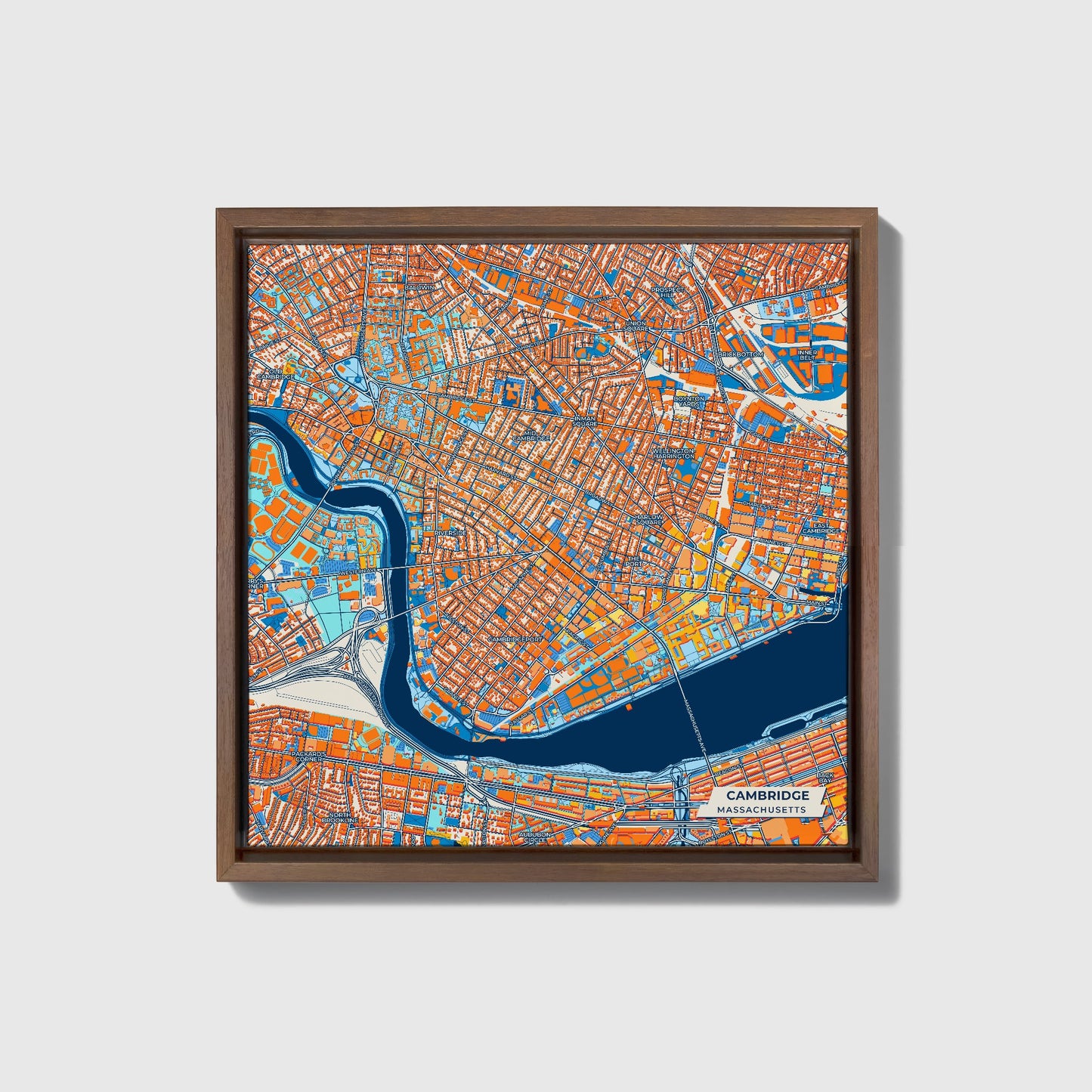 Cambridge Massachusetts Colorful City Map Canvas Print • Dark Wooden Framed