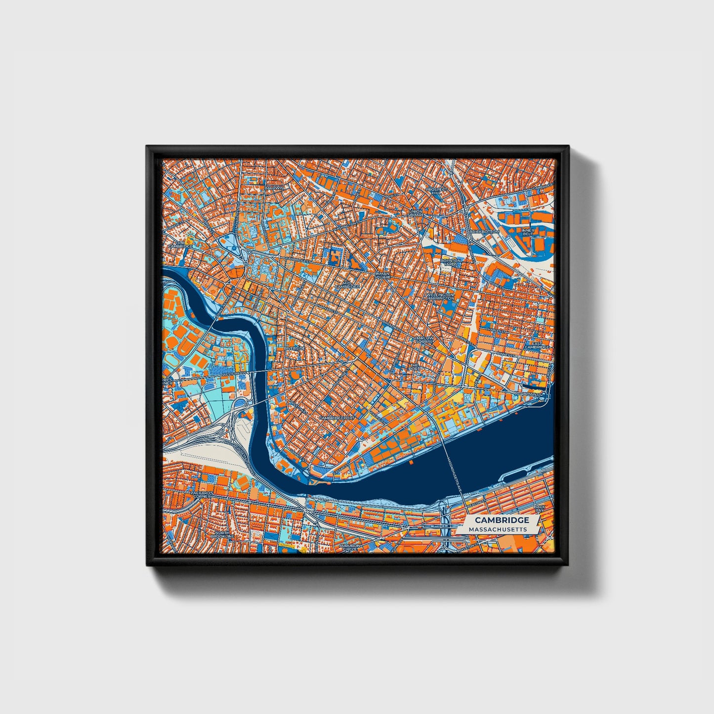Cambridge Massachusetts Colorful City Map Canvas Print • Black Framed