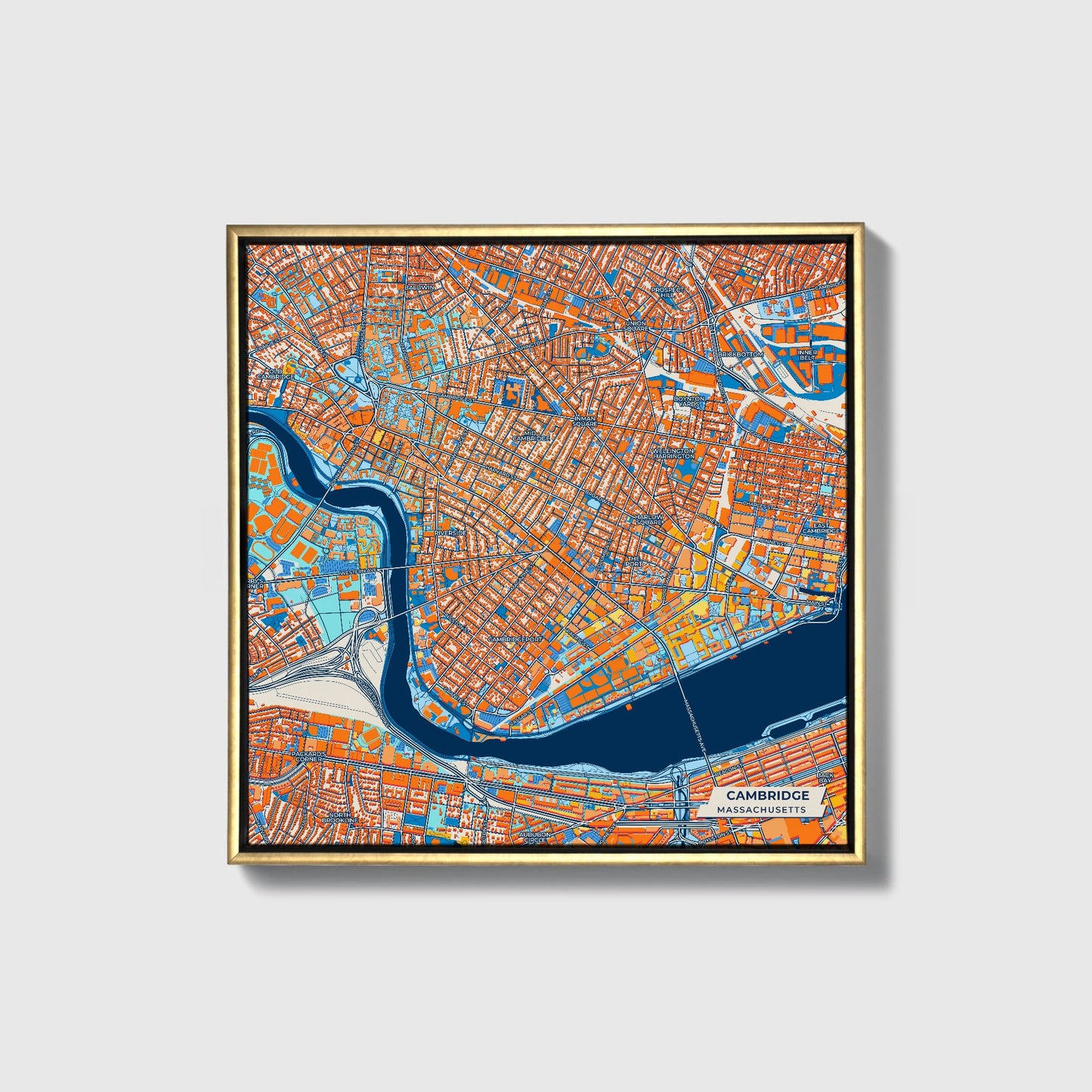 Cambridge Massachusetts Colorful City Map Canvas Print • Gold Framed