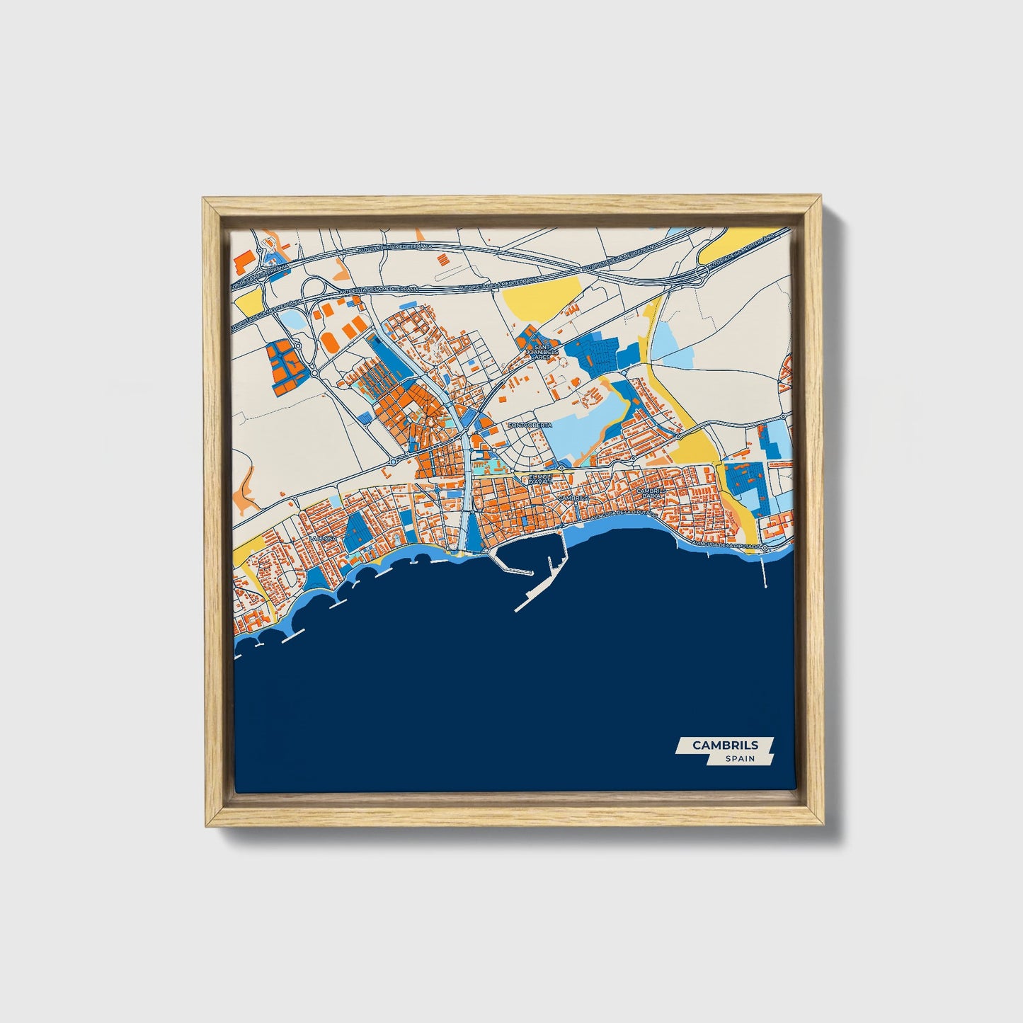Cambrils Spain Colorful City Map Canvas Print • Natural Wooden Framed
