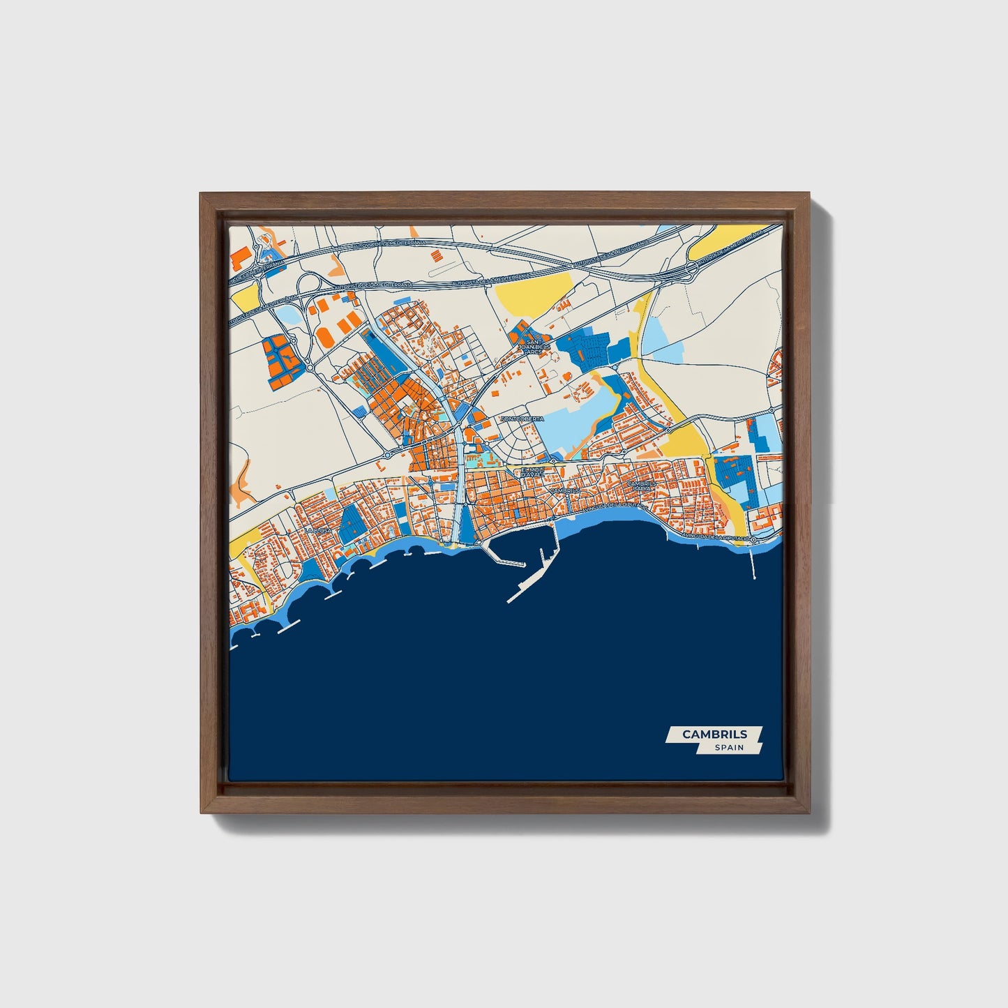 Cambrils Spain Colorful City Map Canvas Print • Dark Wooden Framed