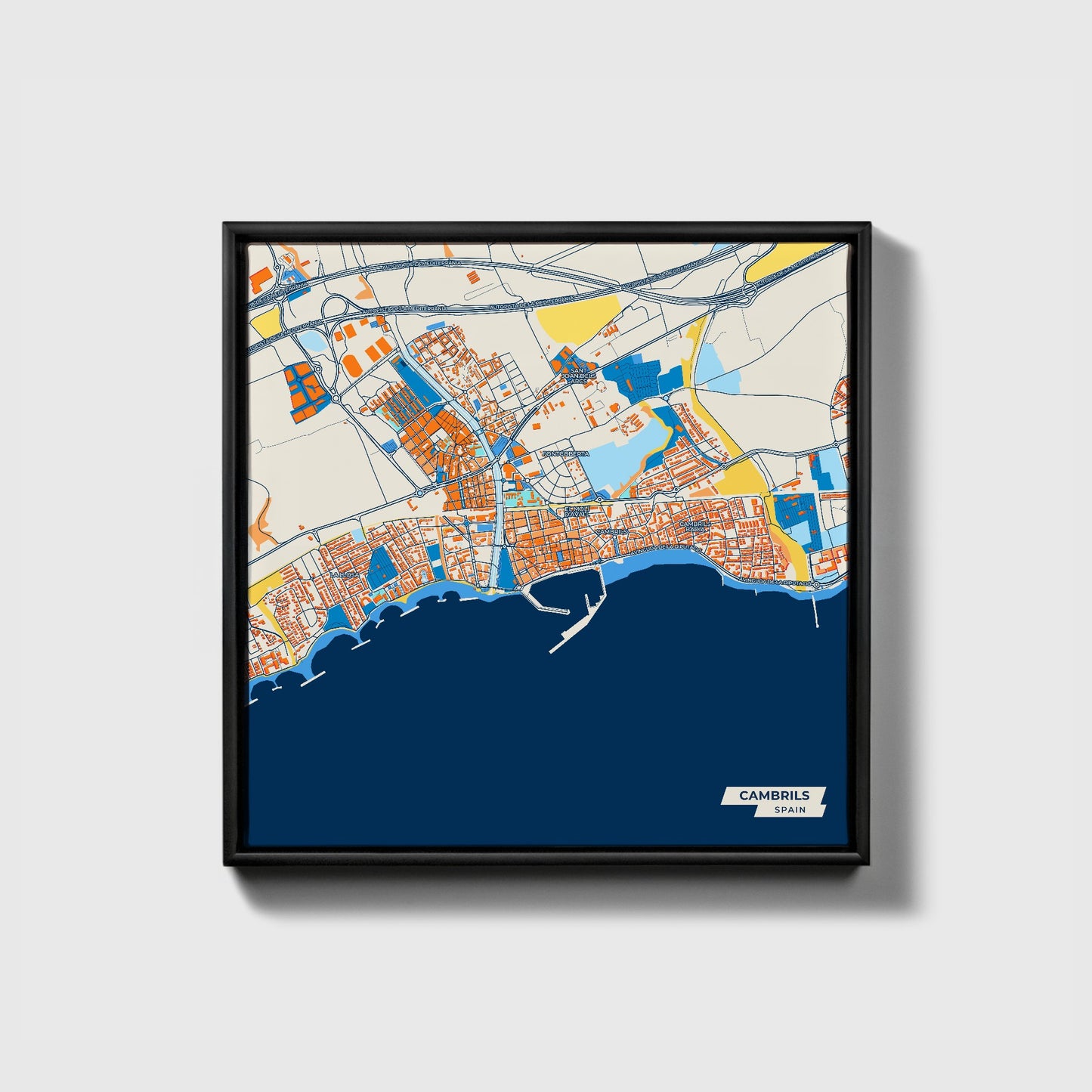 Cambrils Spain Colorful City Map Canvas Print • Black Framed