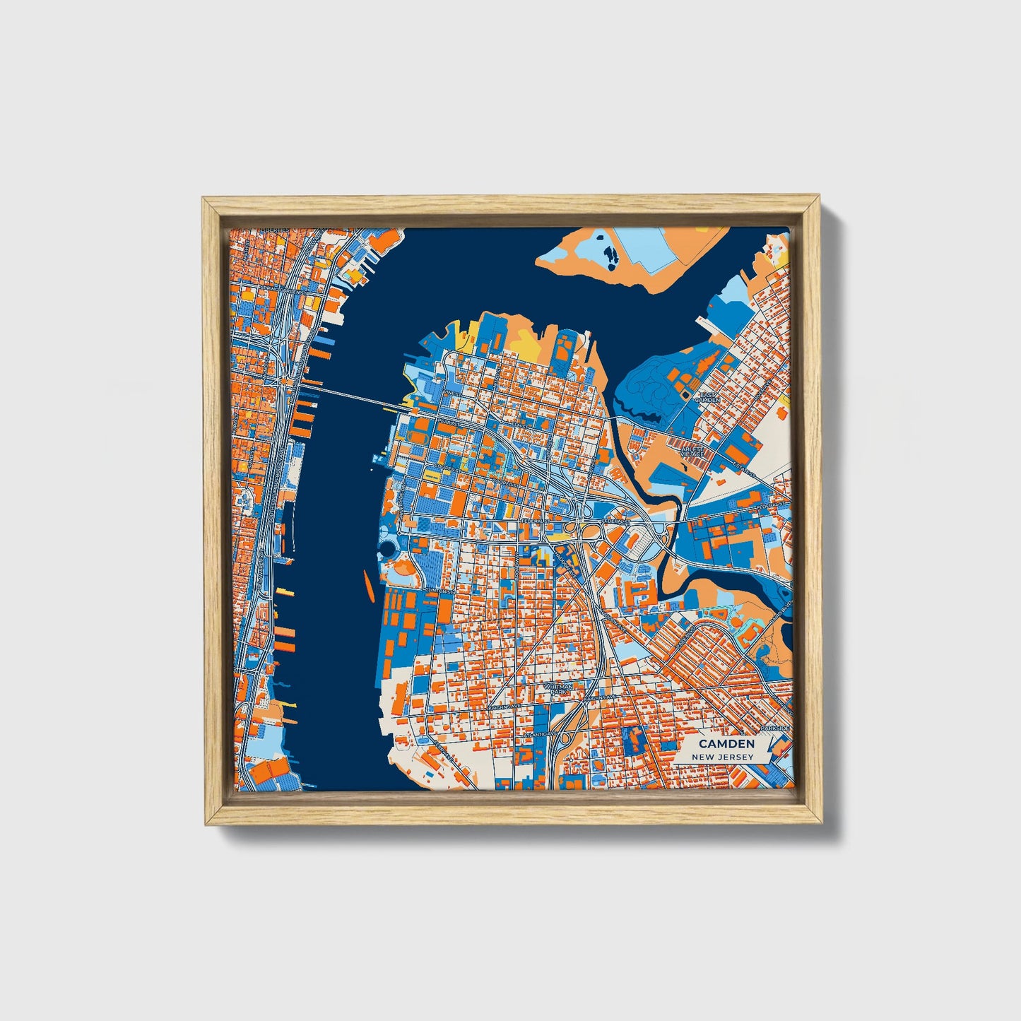 Camden New Jersey Colorful City Map Canvas Print • Natural Wooden Framed