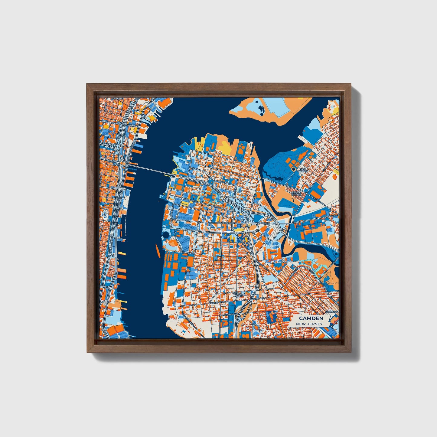 Camden New Jersey Colorful City Map Canvas Print • Dark Wooden Framed