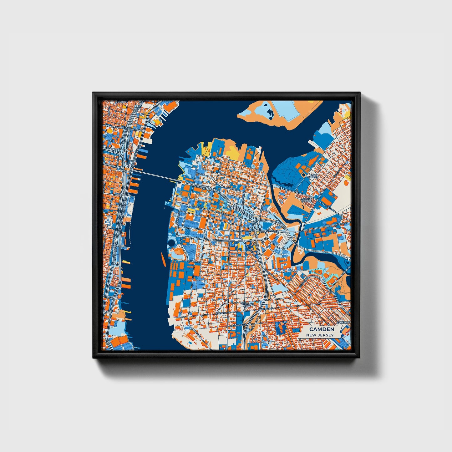 Camden New Jersey Colorful City Map Canvas Print • Black Framed