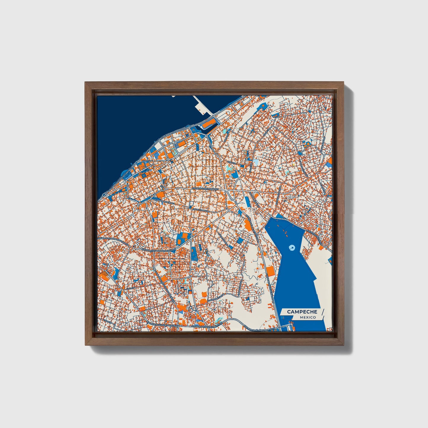 Campeche Mexico Colorful City Map Canvas Print • Dark Wooden Framed