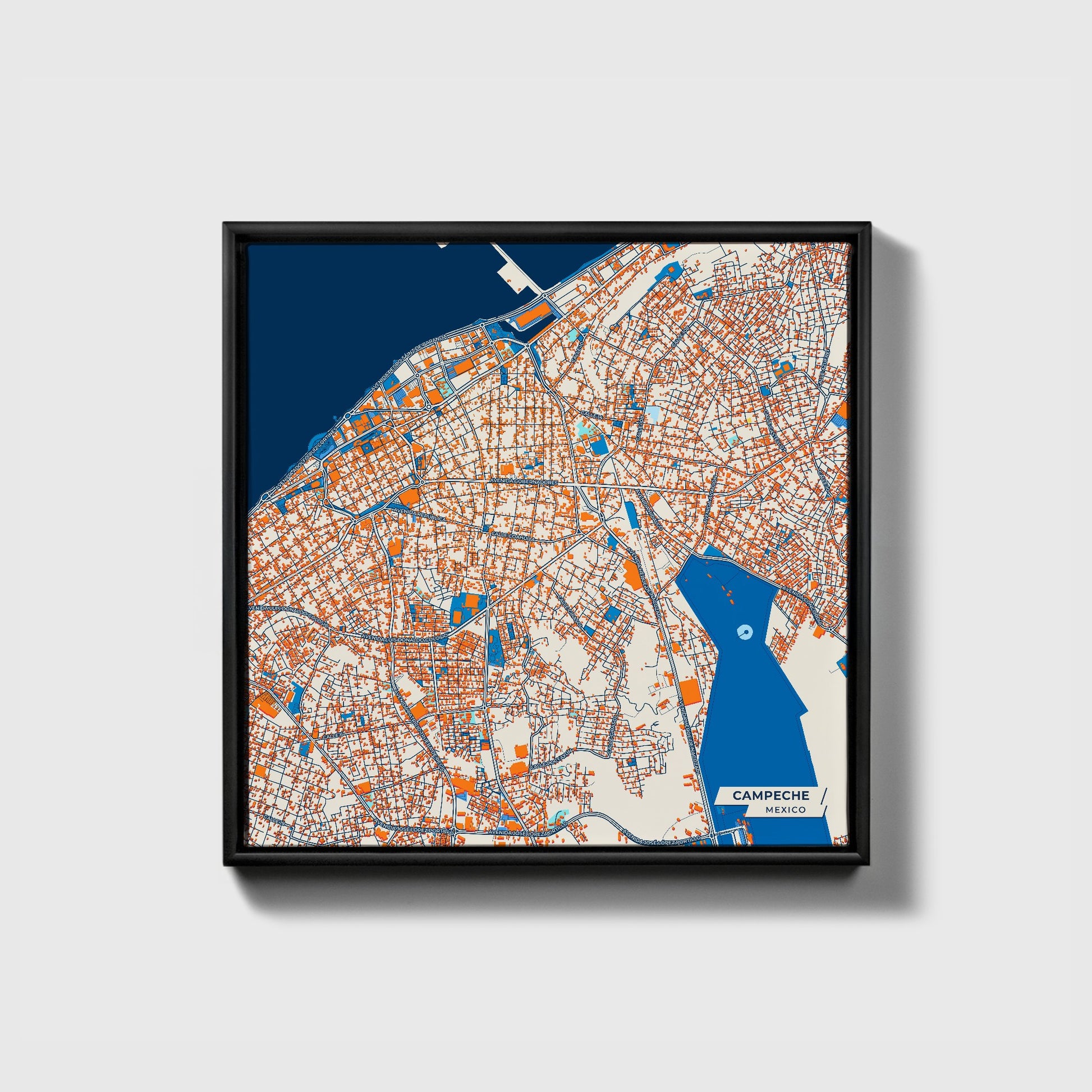 Campeche Mexico Colorful City Map Canvas Print • Black Framed