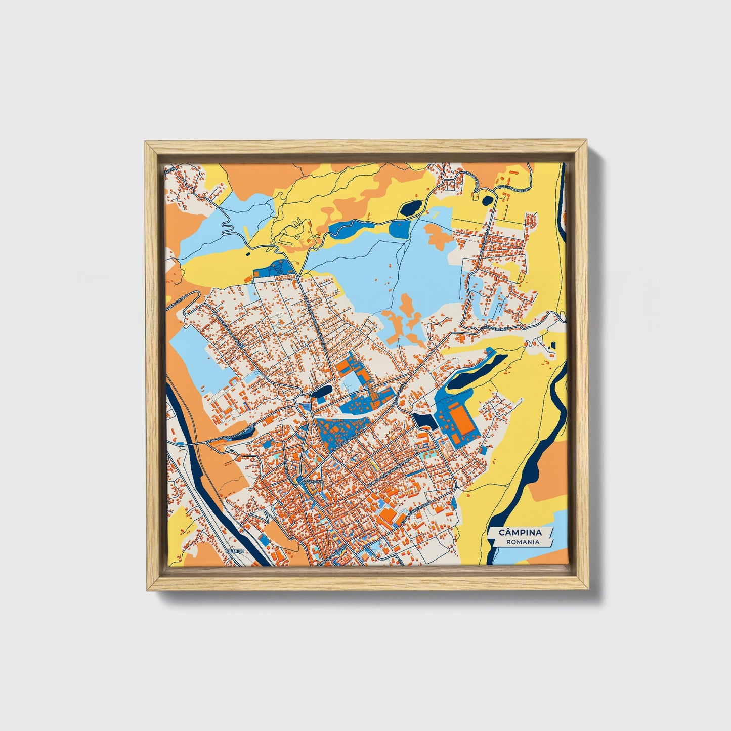 Câmpina Romania Colorful City Map Canvas Print • Natural Wooden Framed