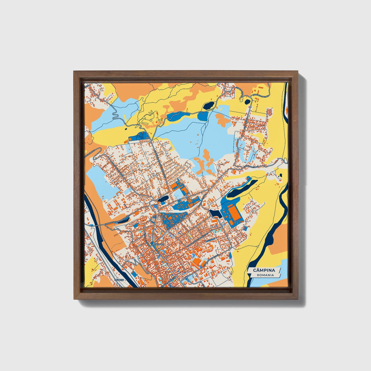 Câmpina Romania Colorful City Map Canvas Print • Dark Wooden Framed