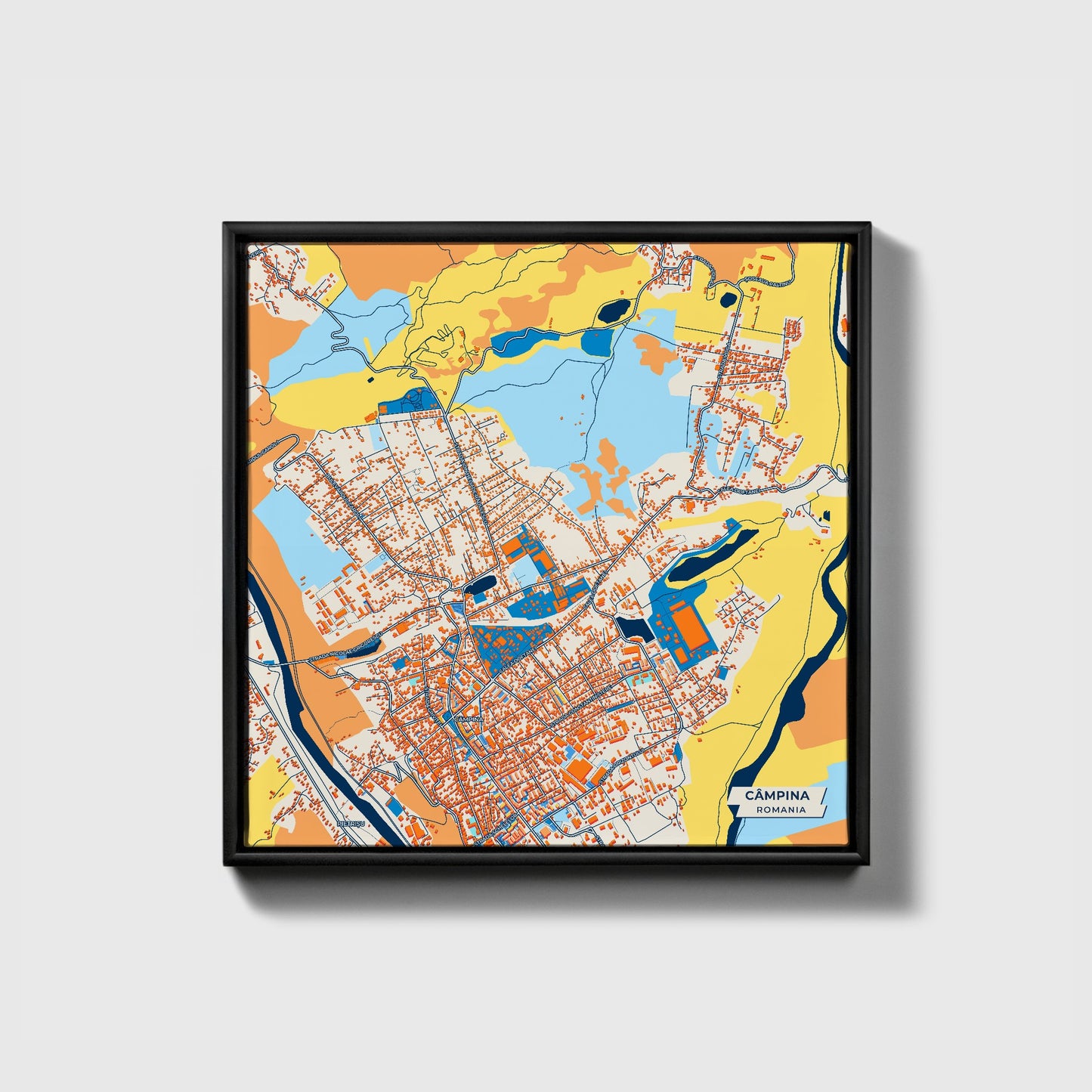 Câmpina Romania Colorful City Map Canvas Print • Black Framed