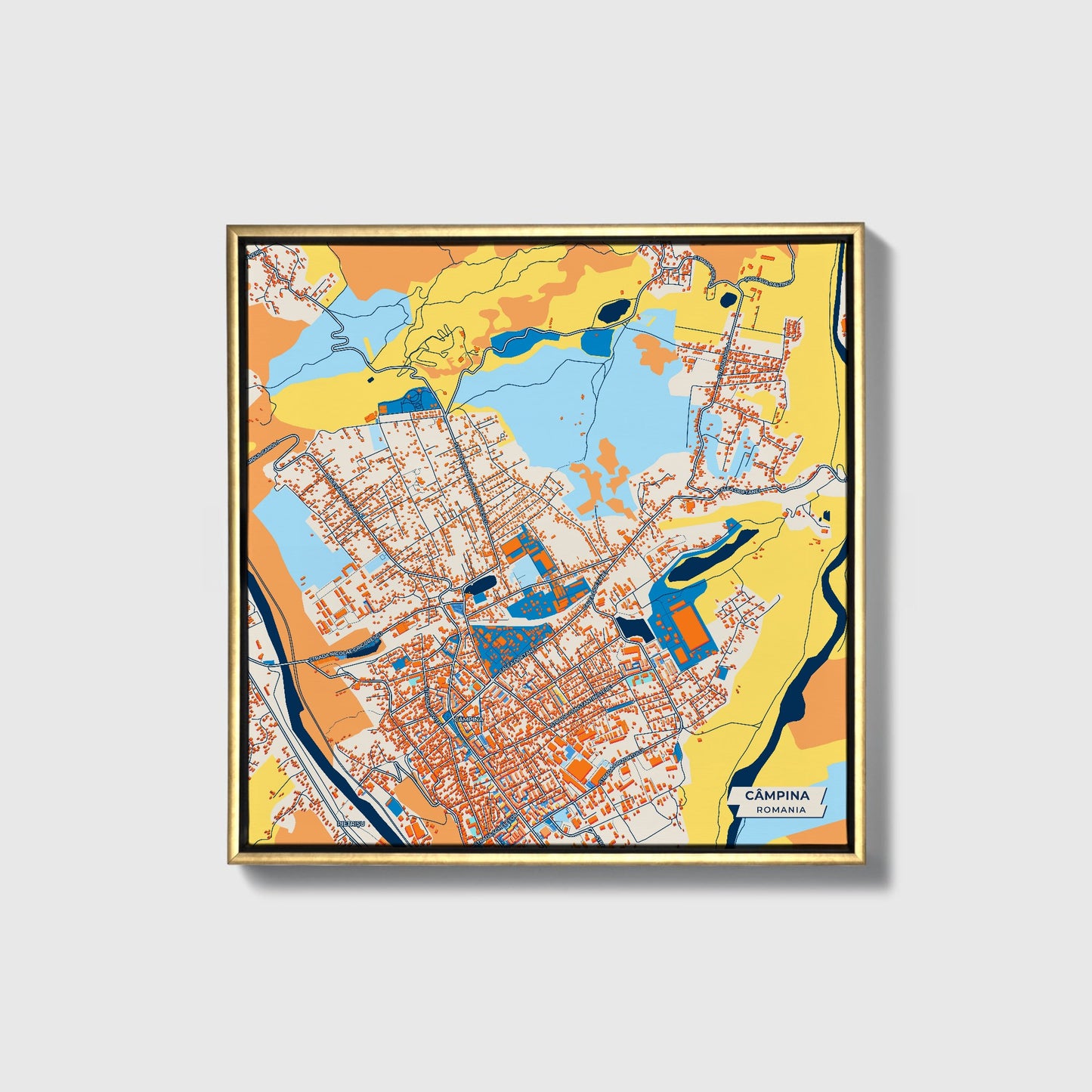 Câmpina Romania Colorful City Map Canvas Print • Gold Framed