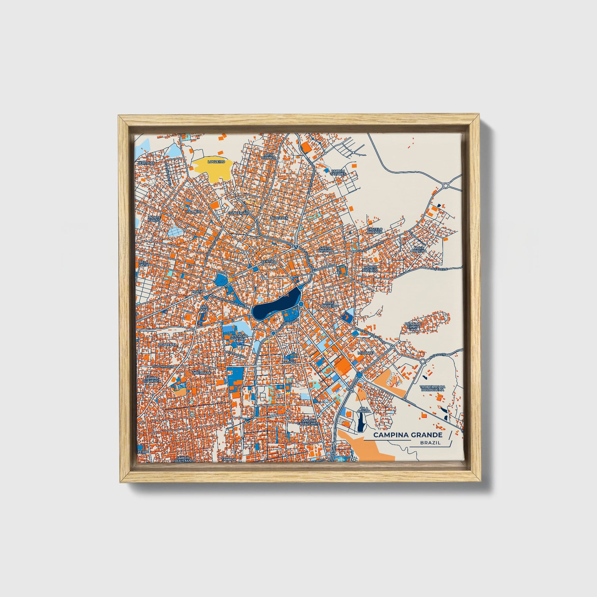 Campina Grande Brazil Colorful City Map Canvas Print • Natural Wooden Framed