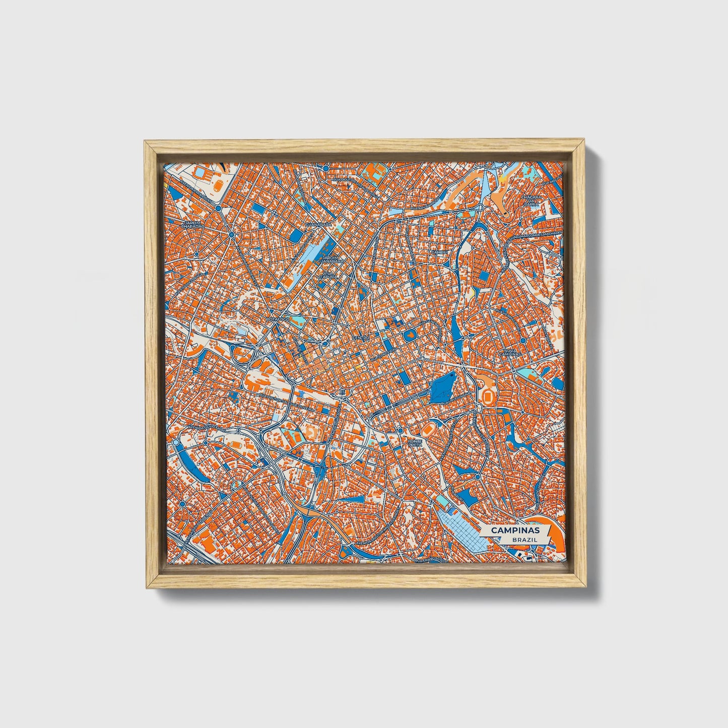 Campinas Brazil Colorful City Map Canvas Print • Natural Wooden Framed