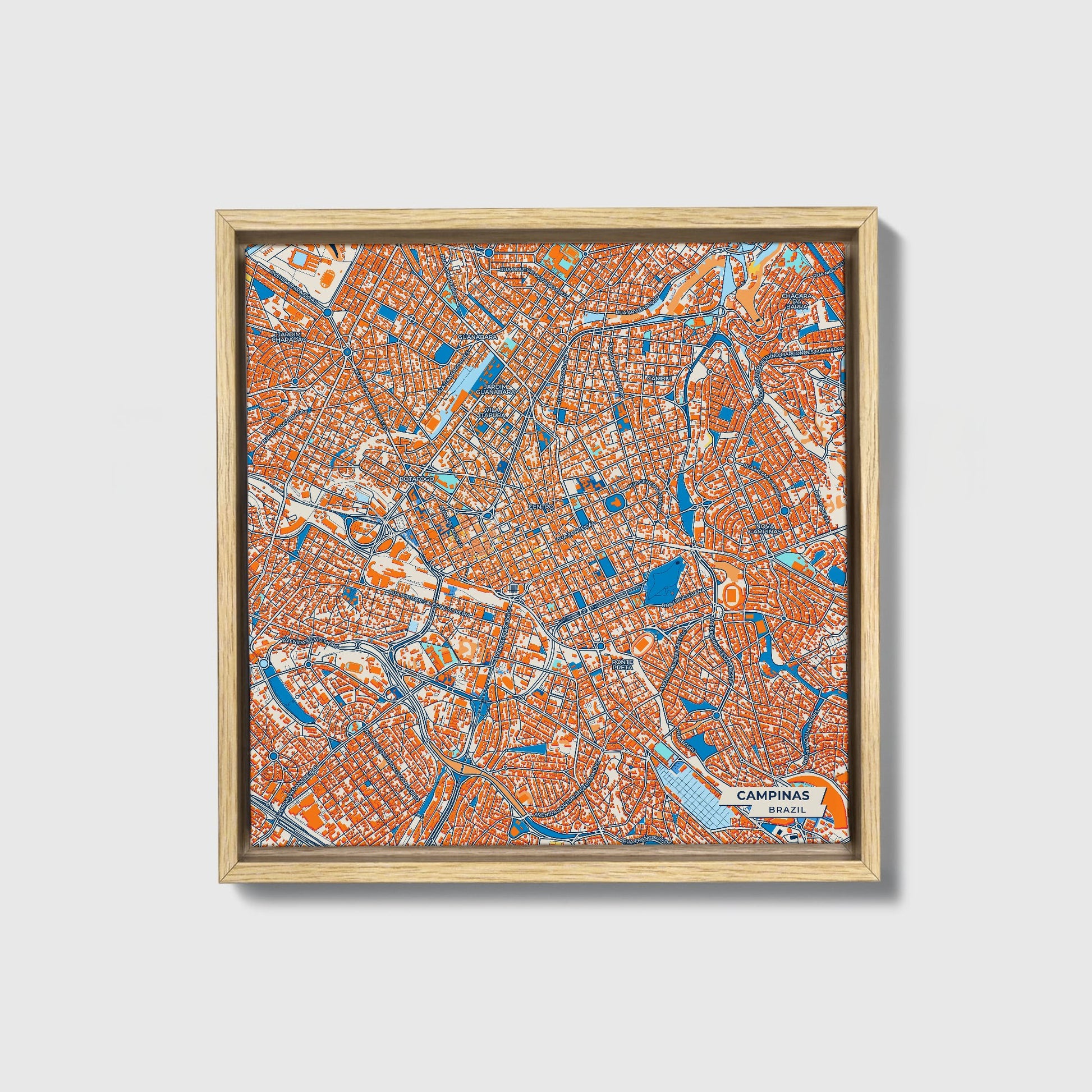 Campinas Brazil Colorful City Map Canvas Print • Natural Wooden Framed