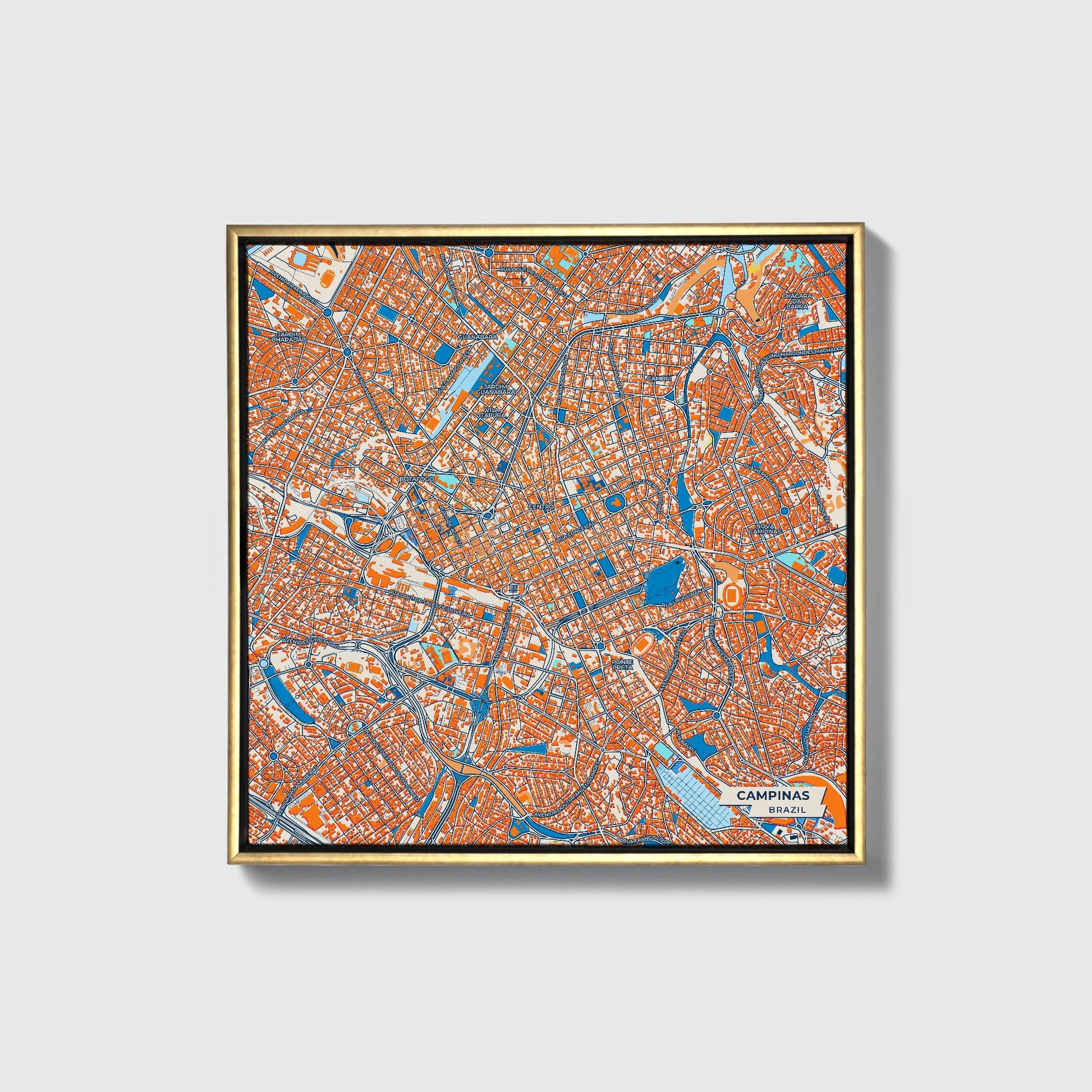 Campinas Brazil Colorful City Map Canvas Print • Gold Framed