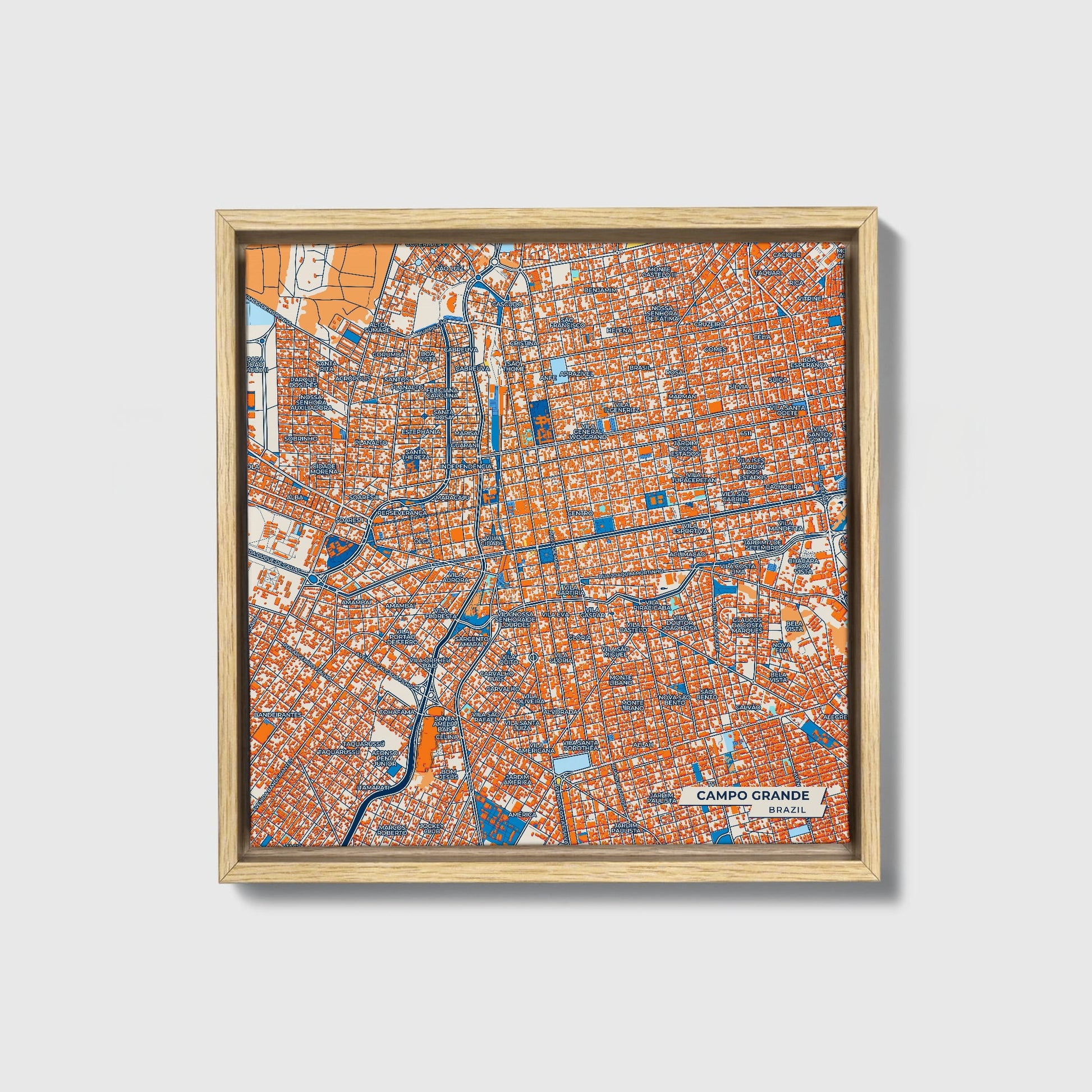 Campo Grande Brazil Colorful City Map Canvas Print • Natural Wooden Framed