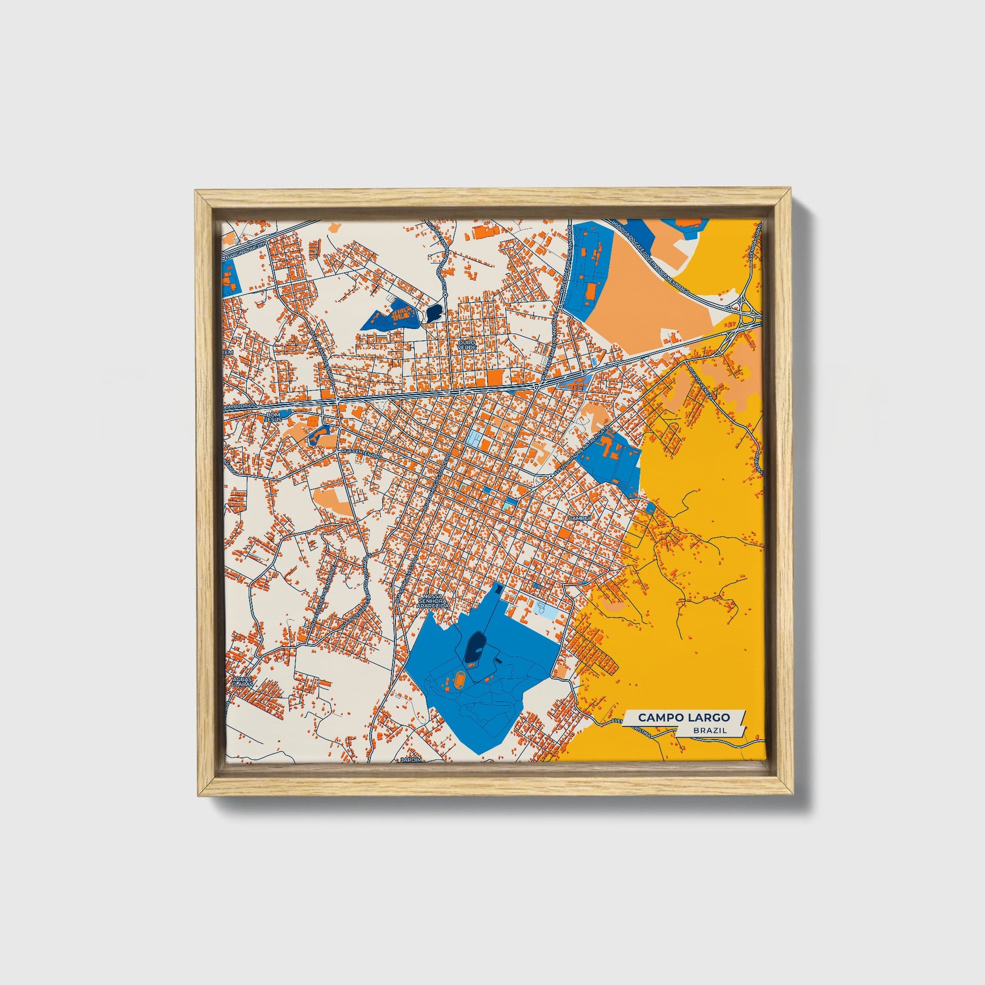 Campo Largo Brazil Colorful City Map Canvas Print • Natural Wooden Framed