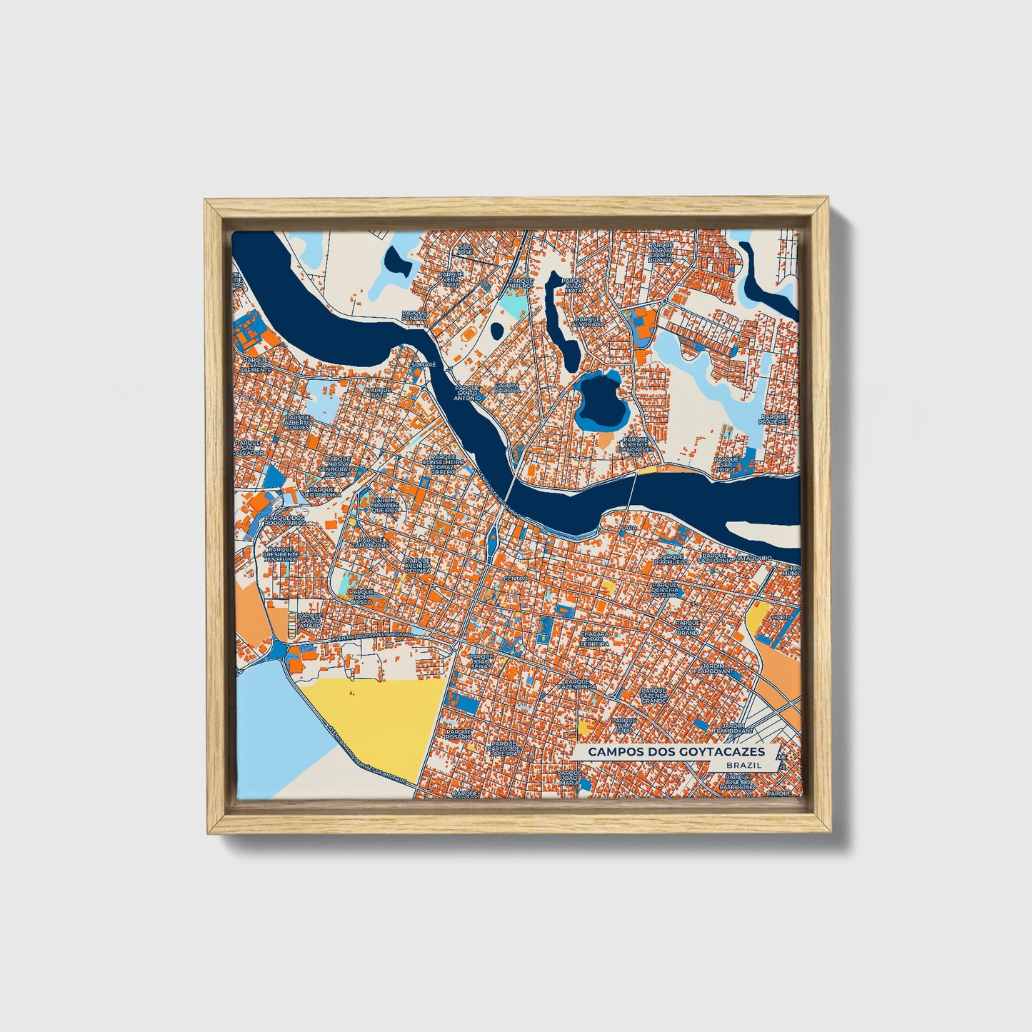 Campos Dos Goytacazes Brazil Colorful City Map Canvas Print • Natural Wooden Framed