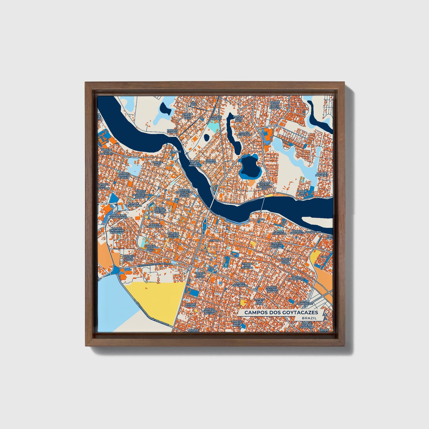 Campos Dos Goytacazes Brazil Colorful City Map Canvas Print • Dark Wooden Framed