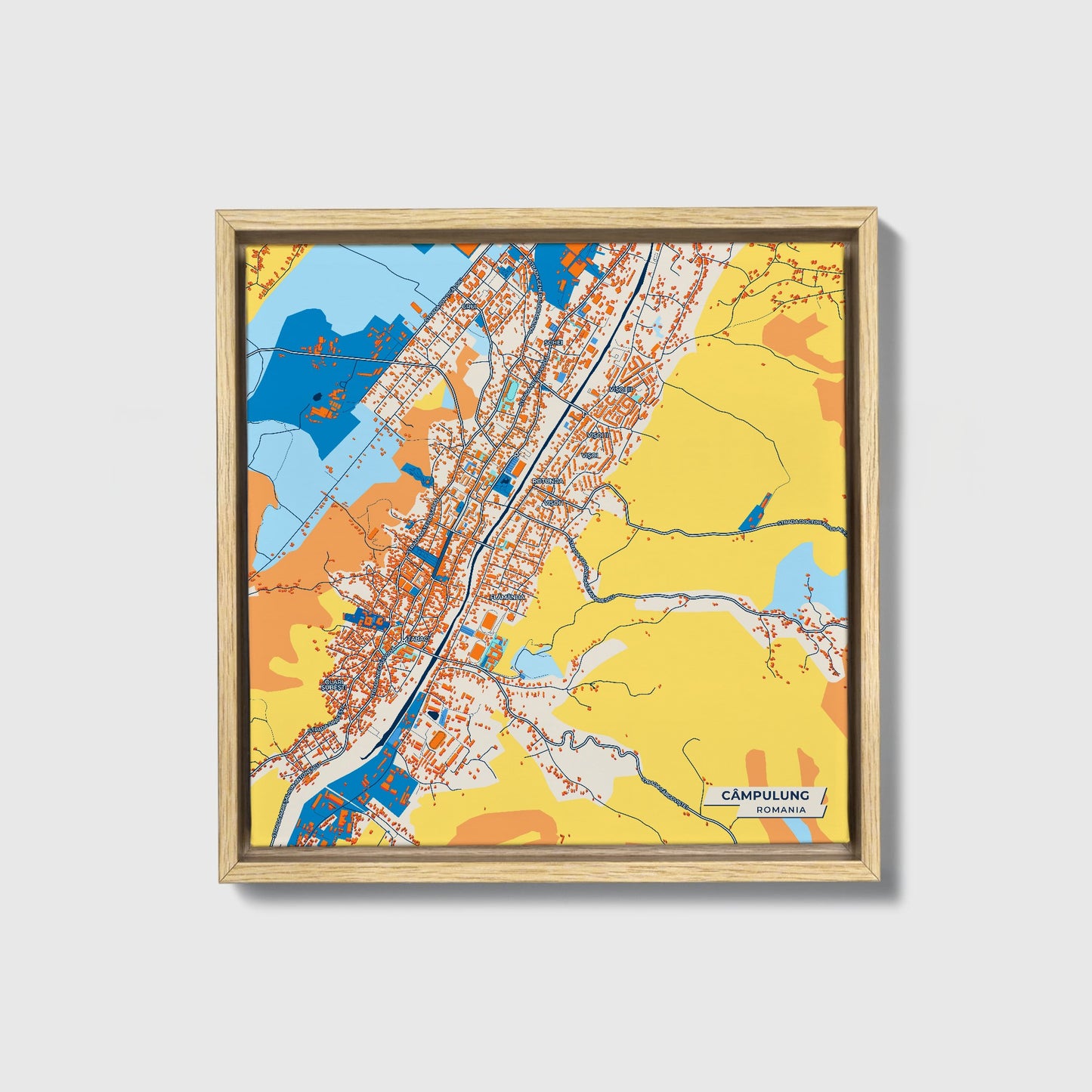 Câmpulung Romania Colorful City Map Canvas Print • Natural Wooden Framed