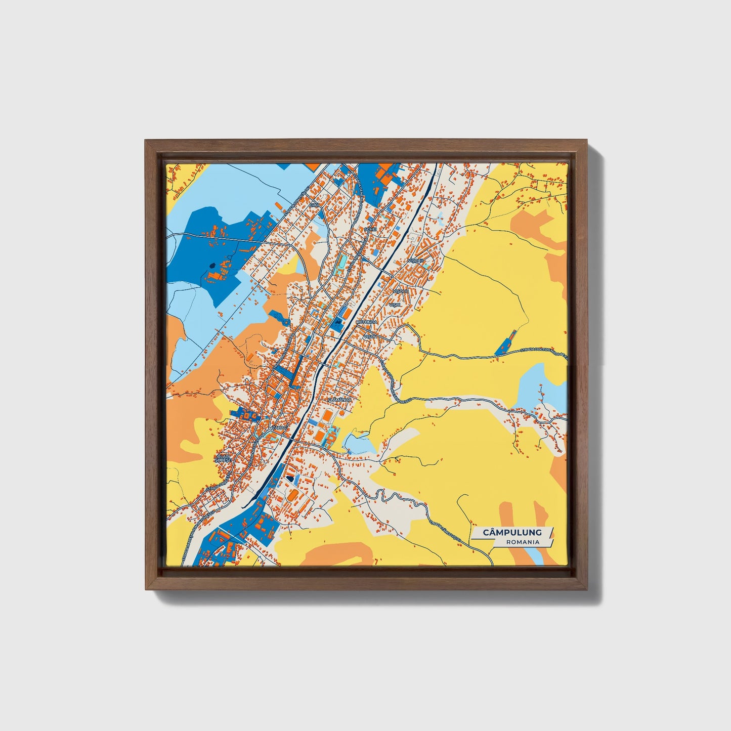 Câmpulung Romania Colorful City Map Canvas Print • Dark Wooden Framed