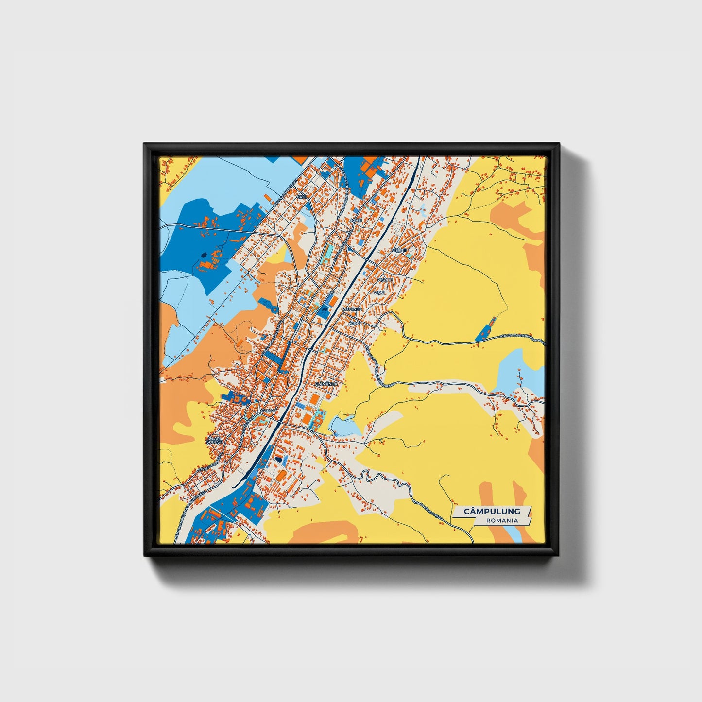 Câmpulung Romania Colorful City Map Canvas Print • Black Framed