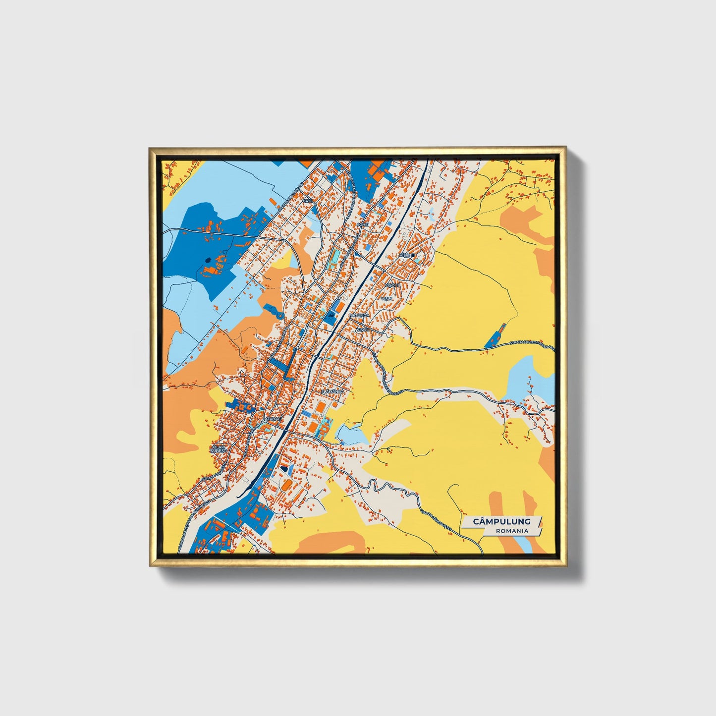 Câmpulung Romania Colorful City Map Canvas Print • Gold Framed