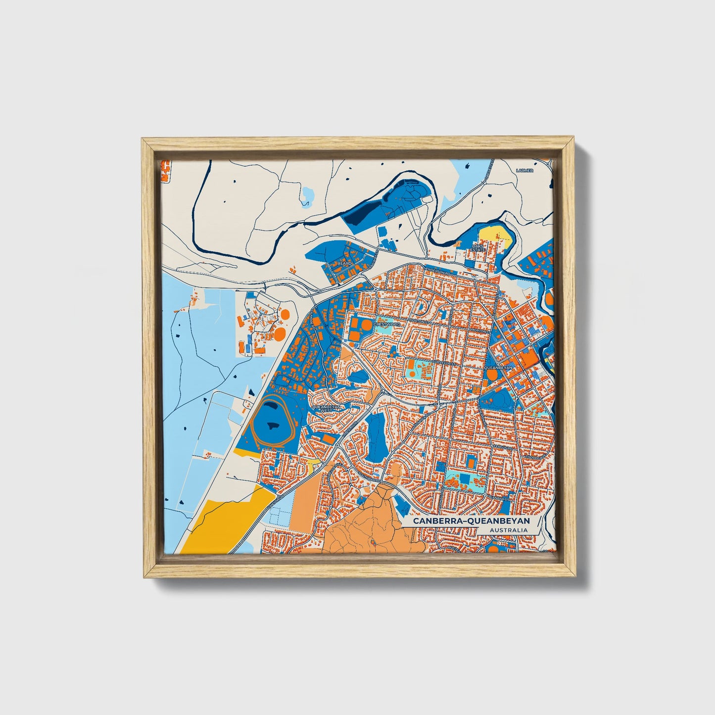 Canberra–Queanbeyan Australia Colorful City Map Canvas Print • Natural Wooden Framed