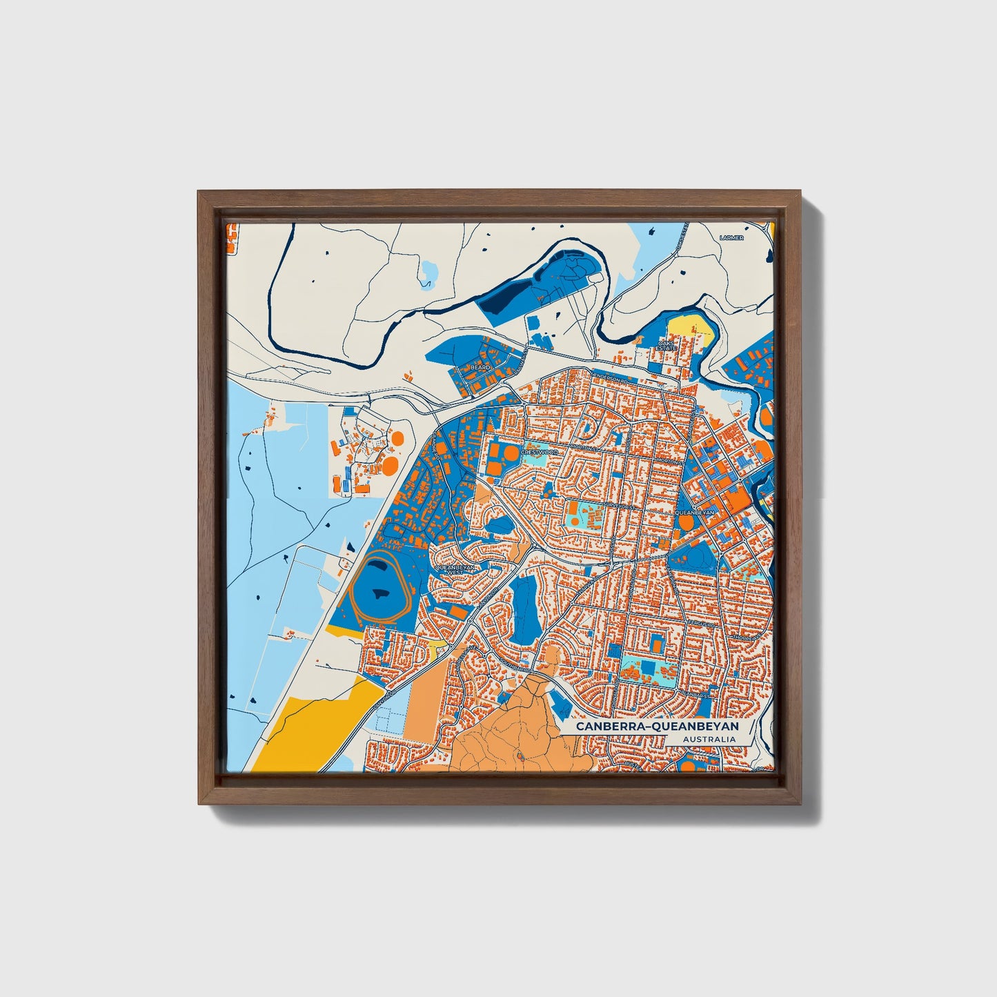 Canberra–Queanbeyan Australia Colorful City Map Canvas Print • Dark Wooden Framed