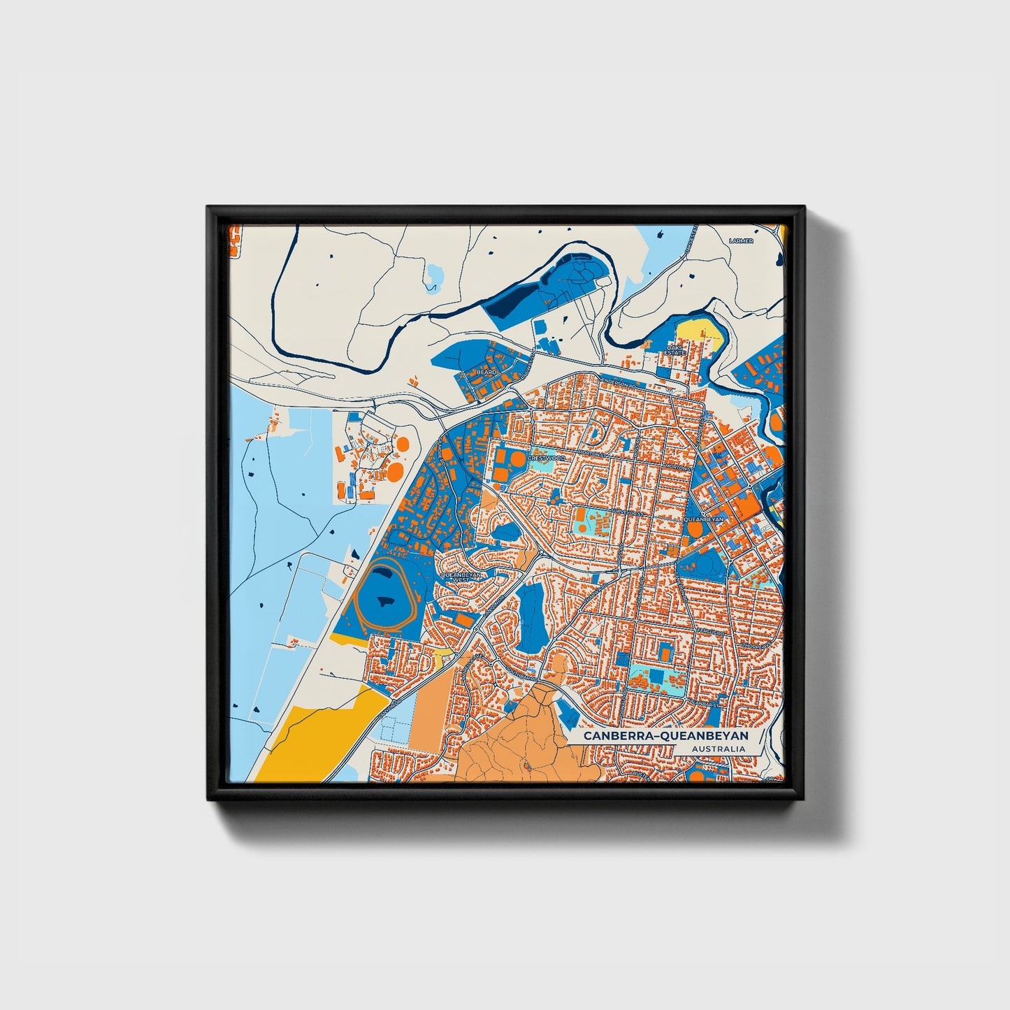 Canberra–Queanbeyan Australia Colorful City Map Canvas Print • Black Framed