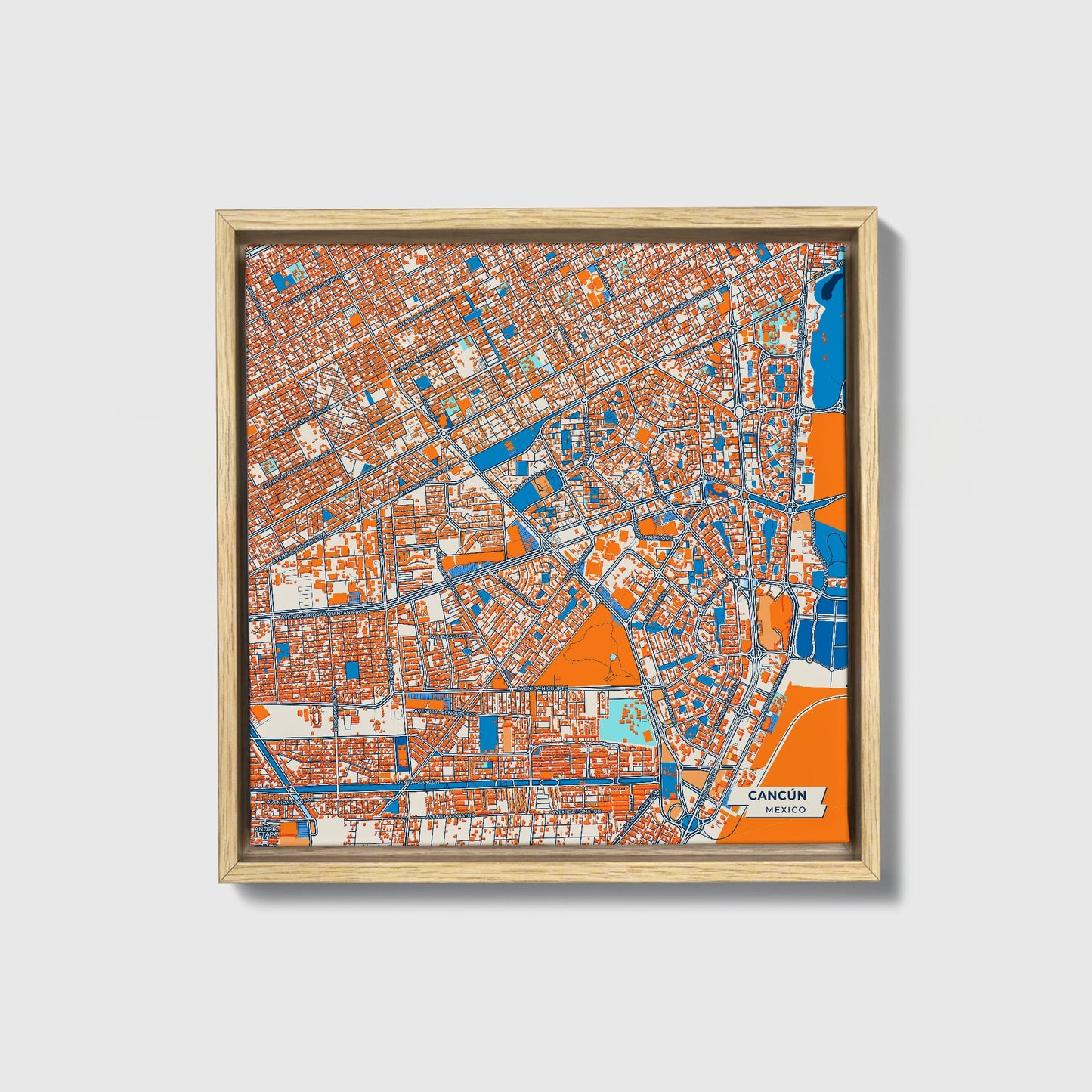 Cancún Mexico Colorful City Map Canvas Print • Natural Wooden Framed