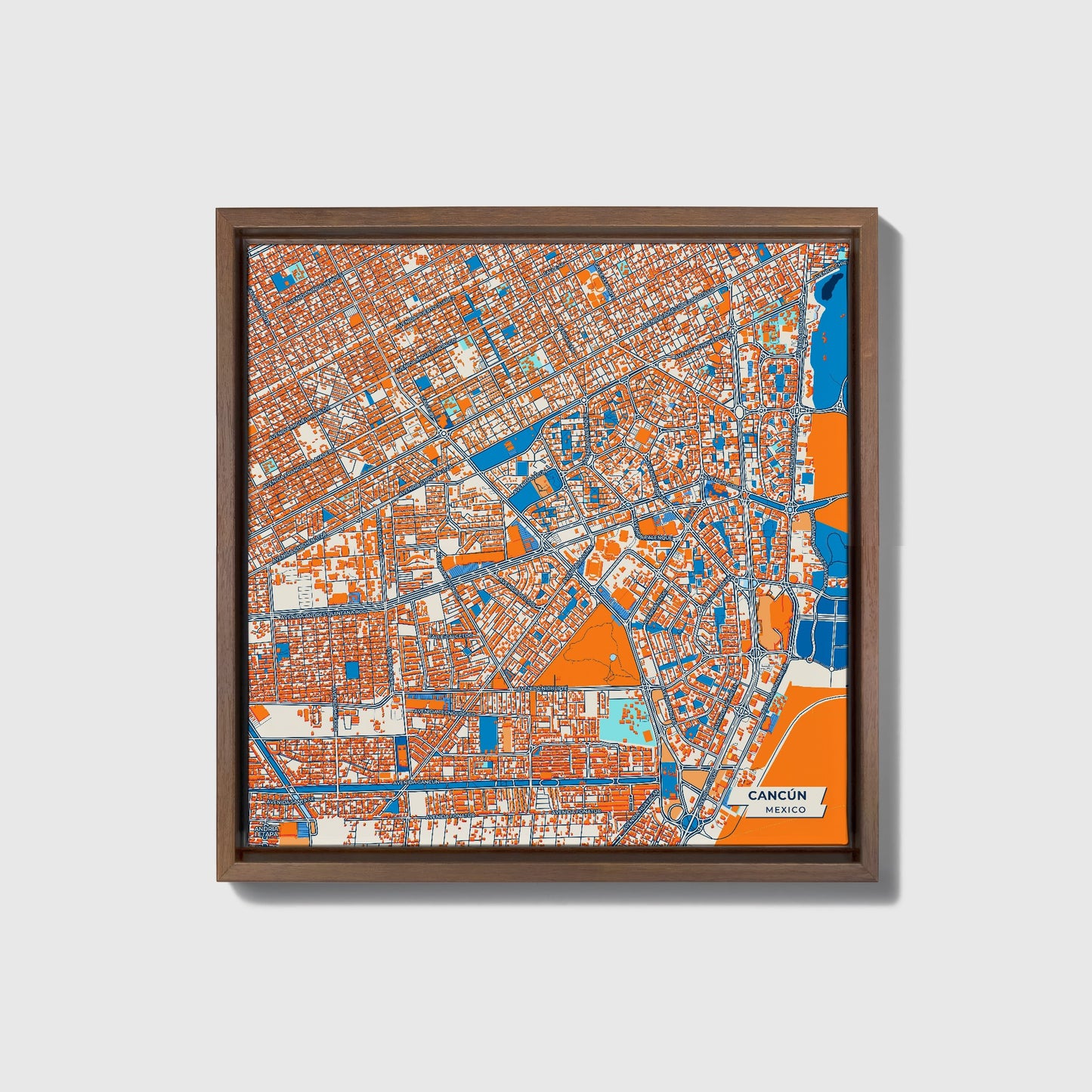 Cancún Mexico Colorful City Map Canvas Print • Dark Wooden Framed