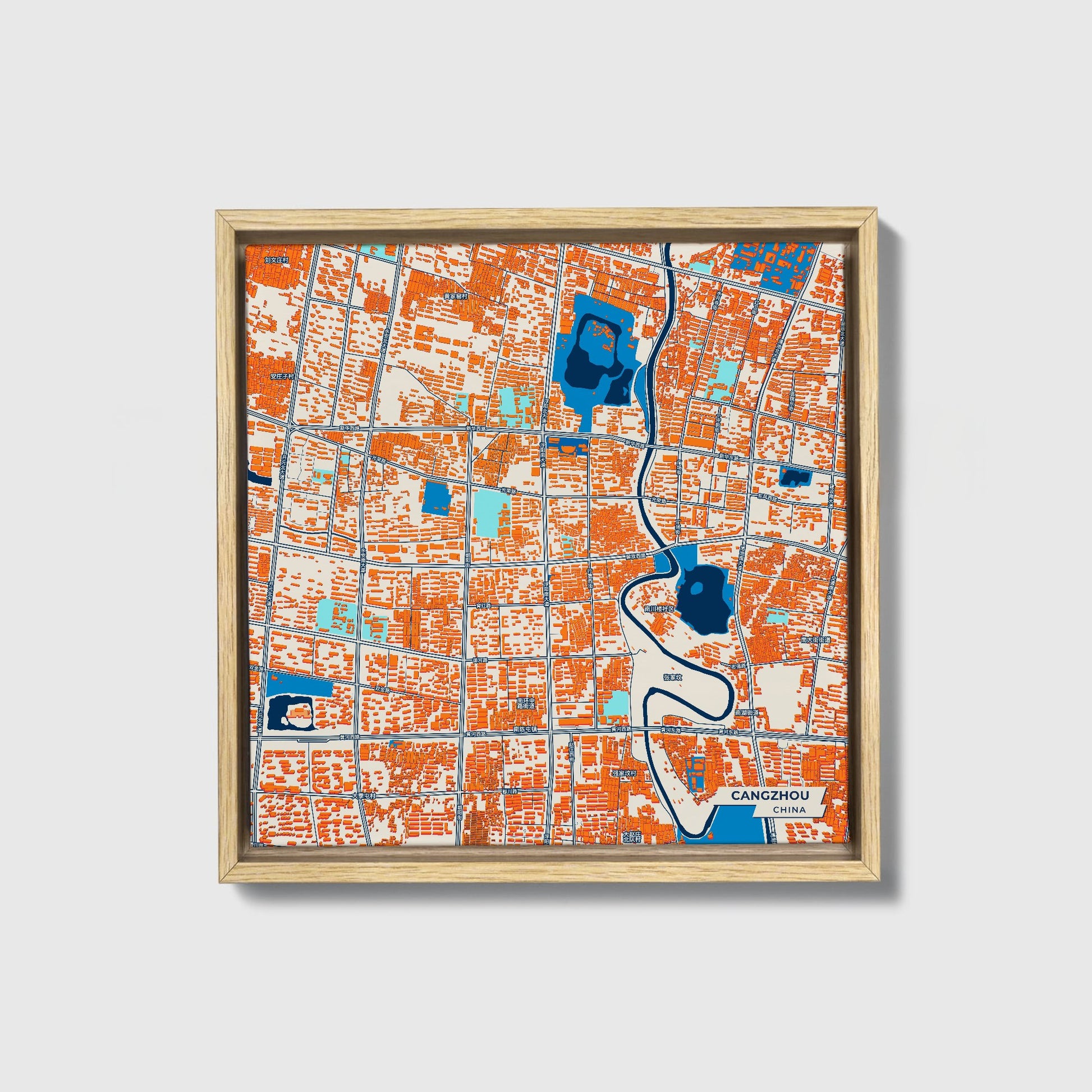 Cangzhou China Colorful City Map Canvas Print • Natural Wooden Framed