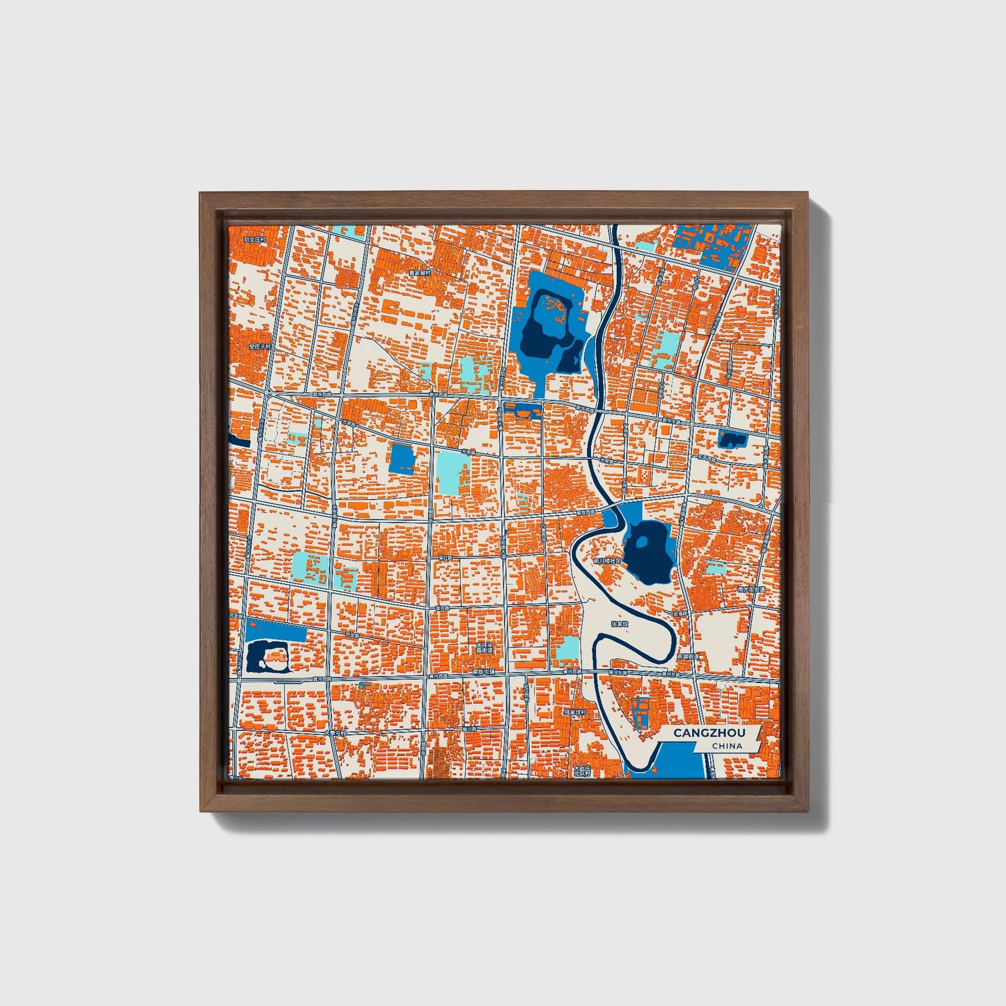 Cangzhou China Colorful City Map Canvas Print • Dark Wooden Framed