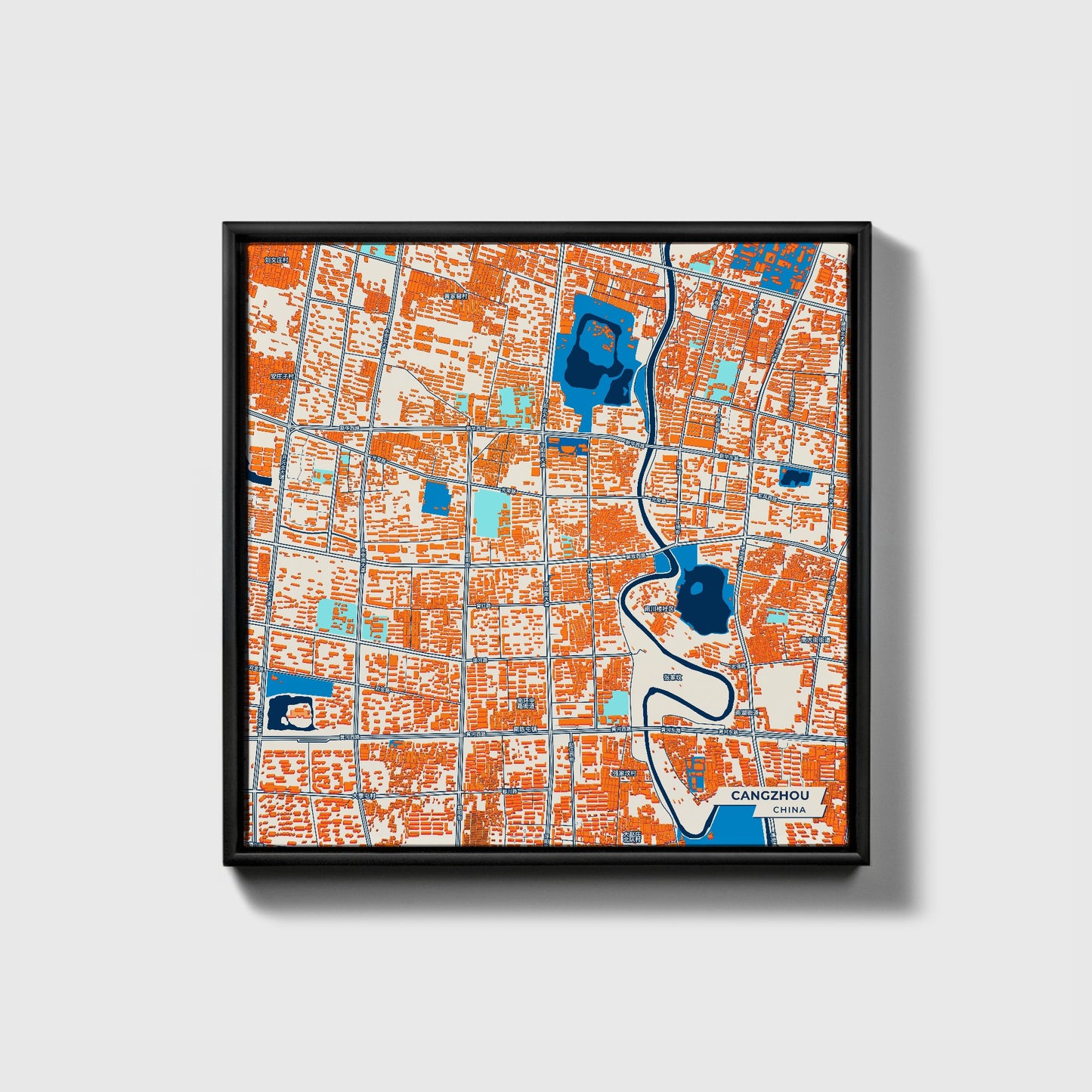 Cangzhou China Colorful City Map Canvas Print • Black Framed