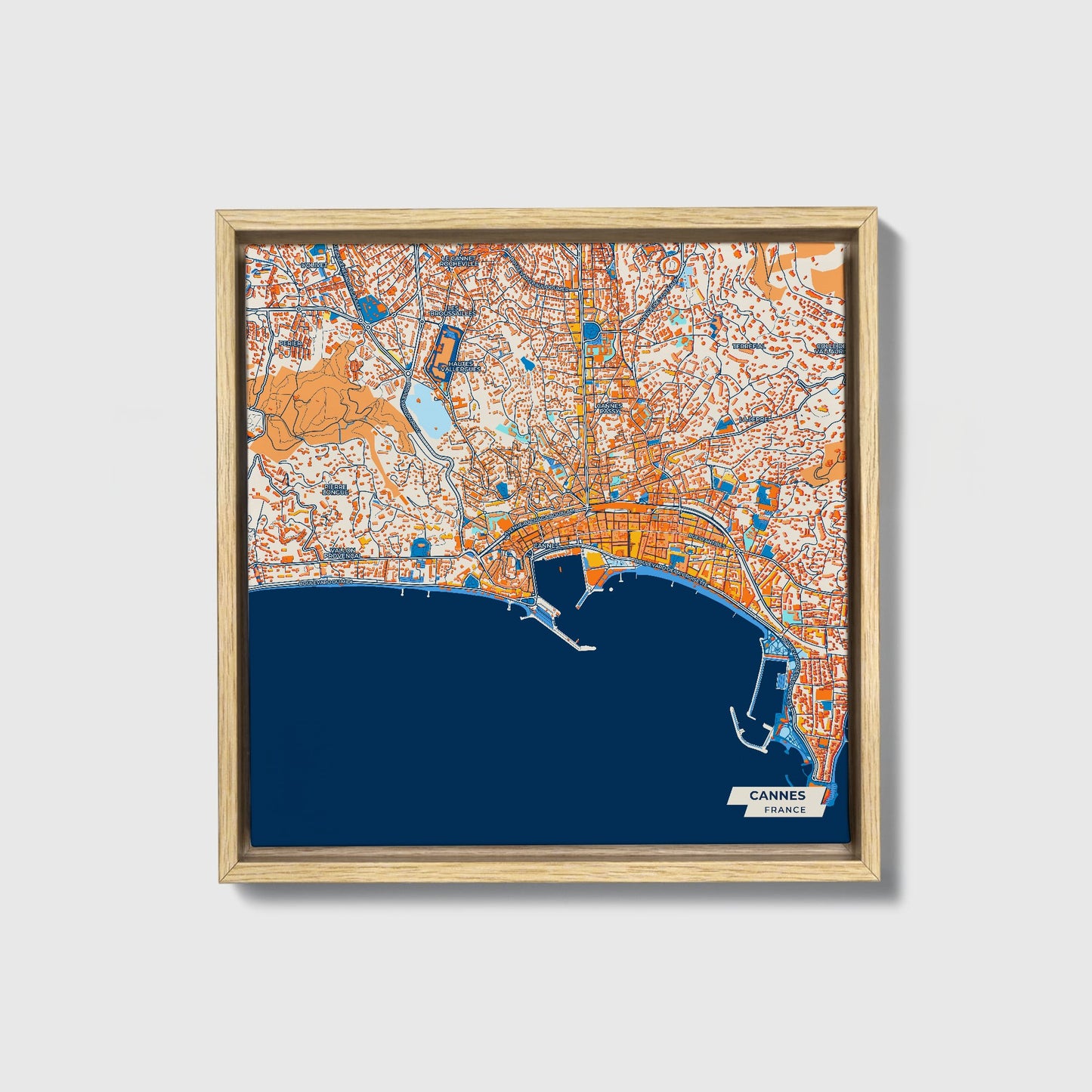 Cannes France Colorful City Map Canvas Print • Natural Wooden Framed
