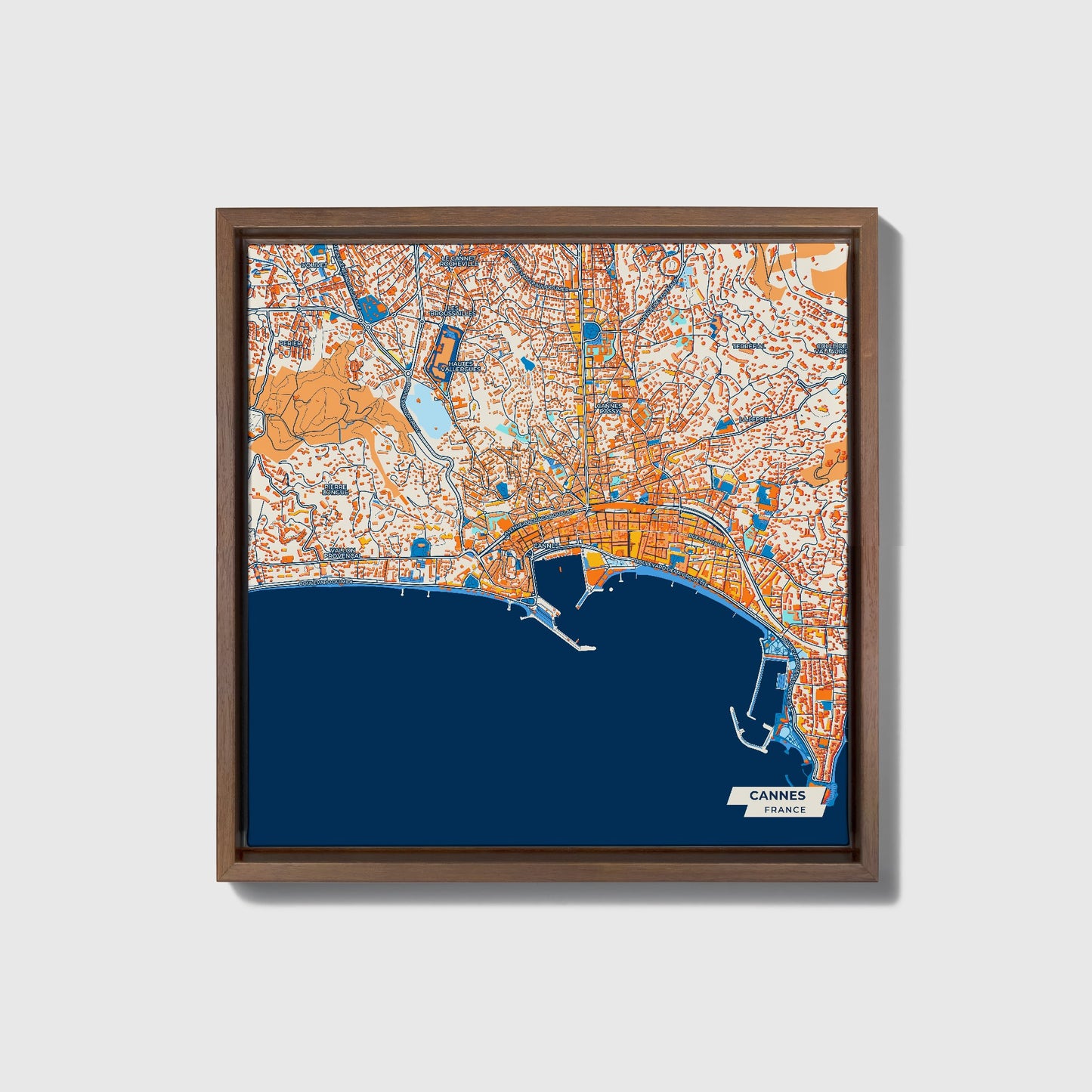 Cannes France Colorful City Map Canvas Print • Dark Wooden Framed
