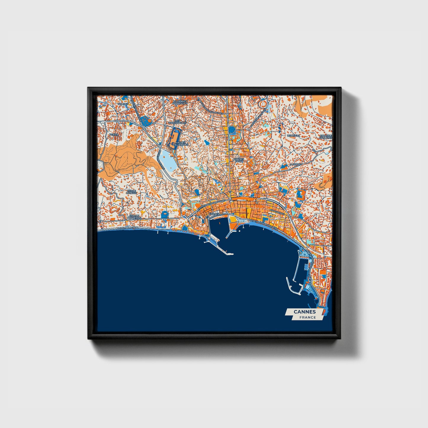 Cannes France Colorful City Map Canvas Print • Black Framed