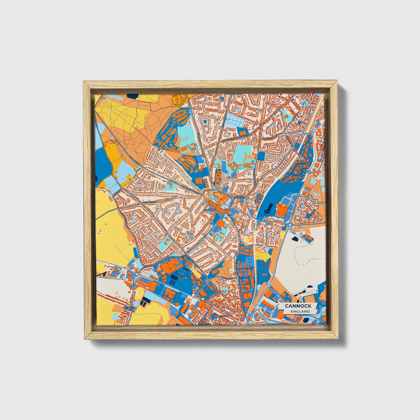 Cannock England Colorful City Map Canvas Print • Natural Wooden Framed