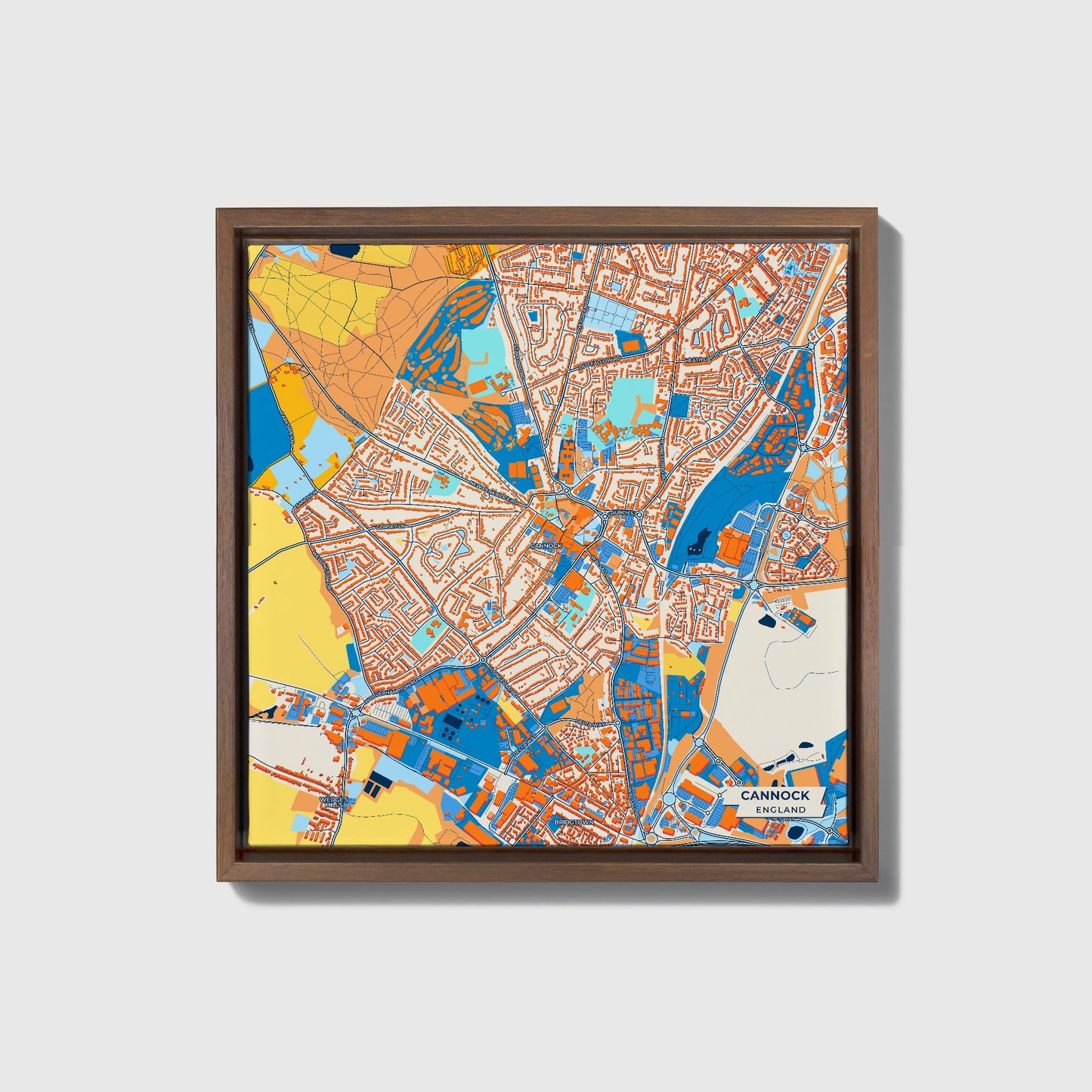Cannock England Colorful City Map Canvas Print • Dark Wooden Framed